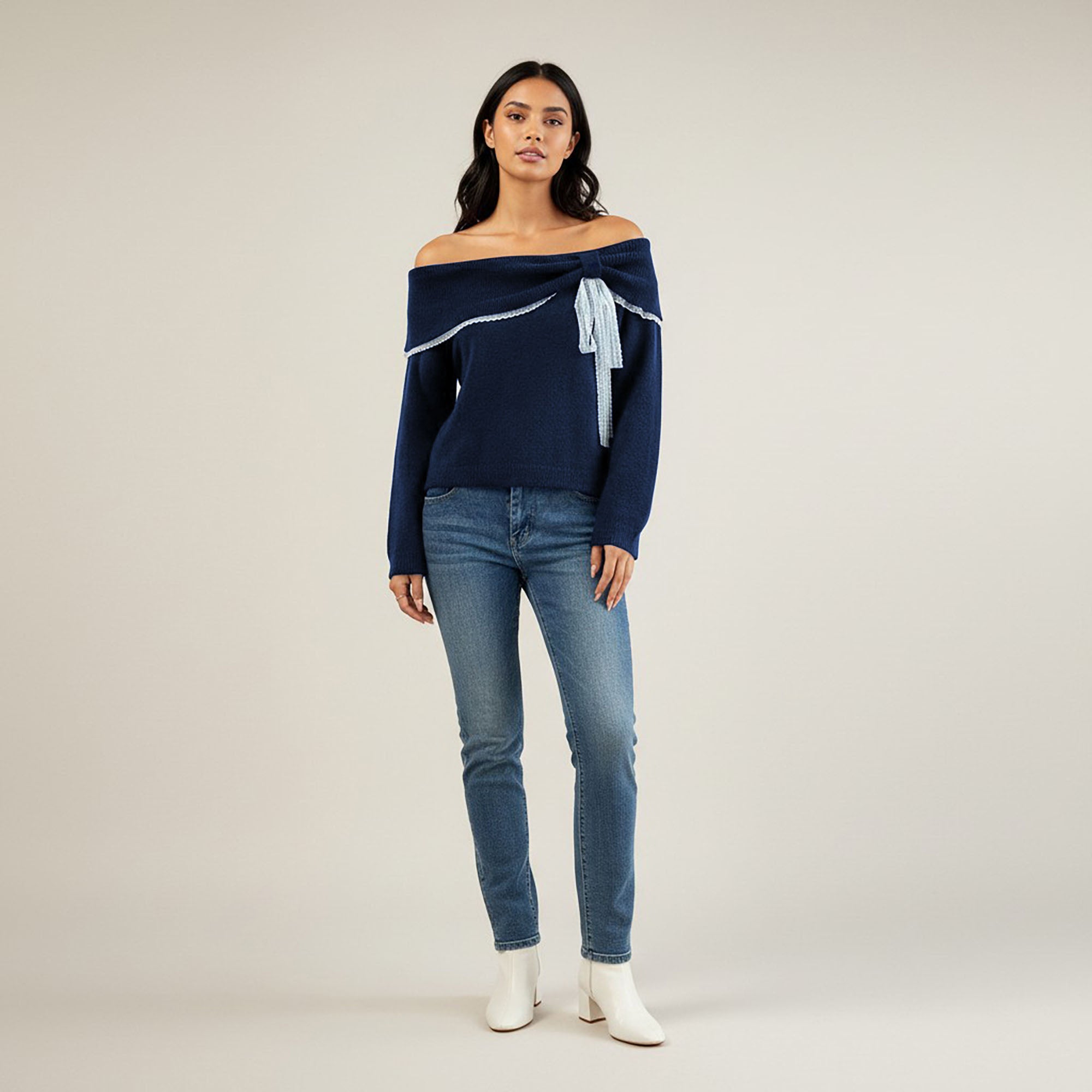 Anna-Kaci Womens Off Shoulder Knit Top with Lace Trim and Long Sleeves