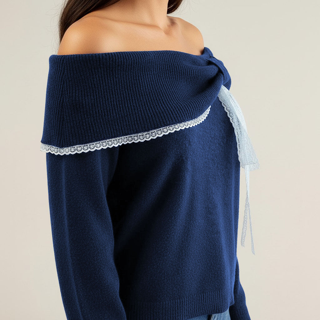 Anna-Kaci Womens Off Shoulder Knit Top with Lace Trim and Long Sleeves