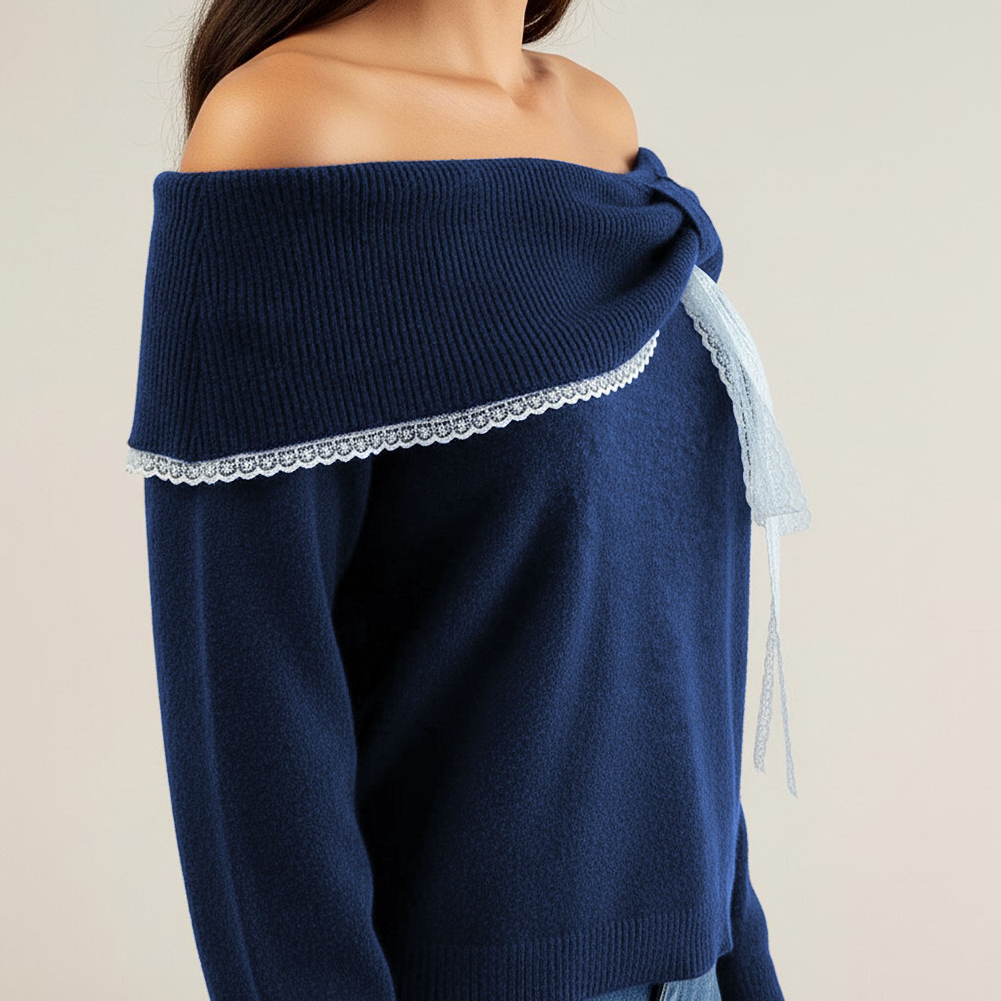 Anna-Kaci Womens Off Shoulder Knit Top with Lace Trim and Long Sleeves