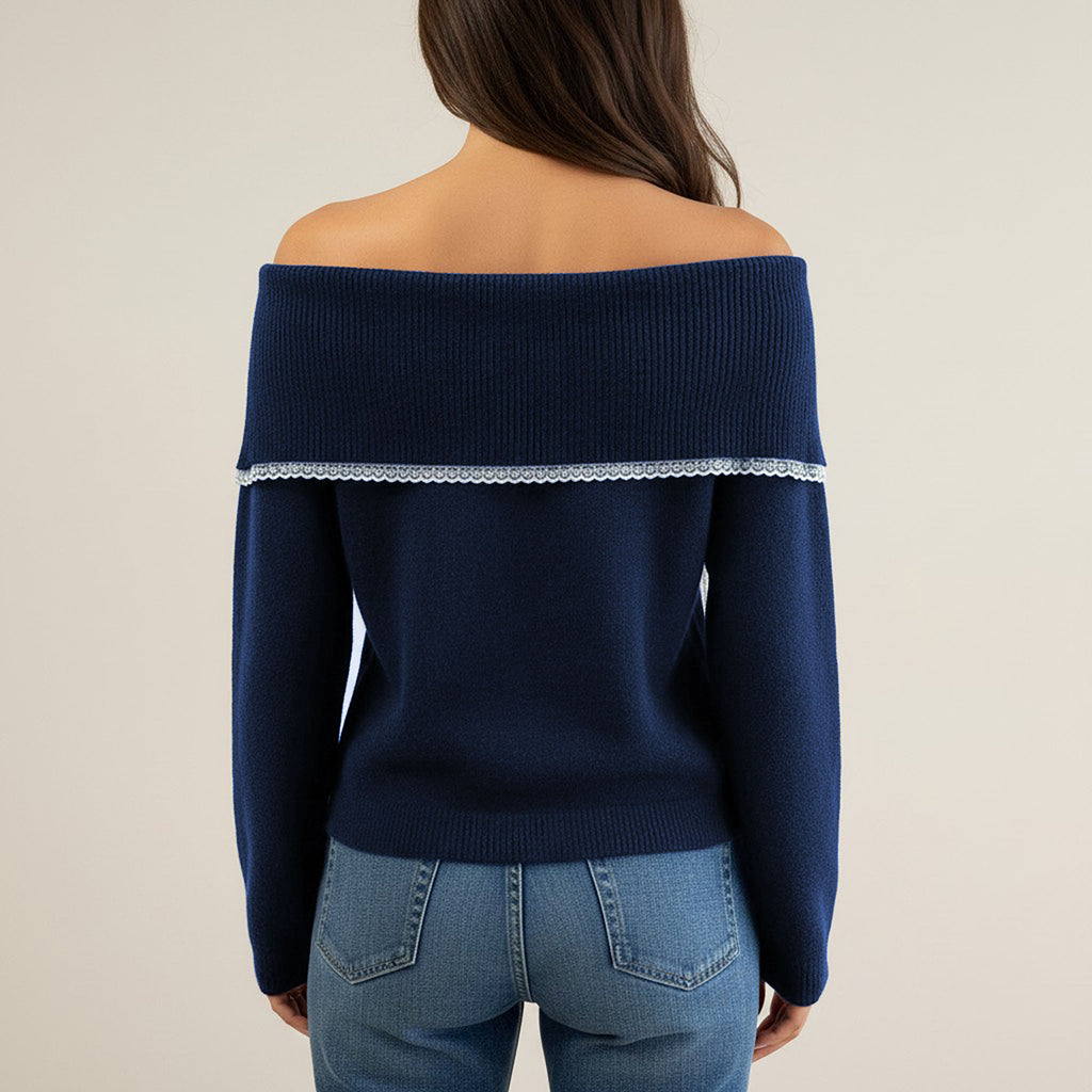 Anna-Kaci Womens Off Shoulder Knit Top with Lace Trim and Long Sleeves