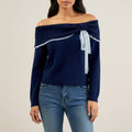 Anna-Kaci Womens Off Shoulder Knit Top with Lace Trim and Long Sleeves