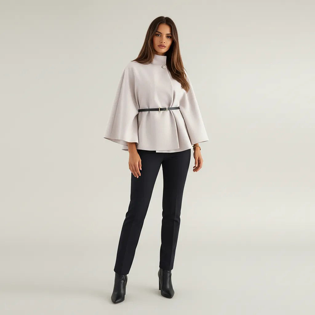 Anna-Kaci Womens Structured Cape Style Top with High Neck and Waist Belt