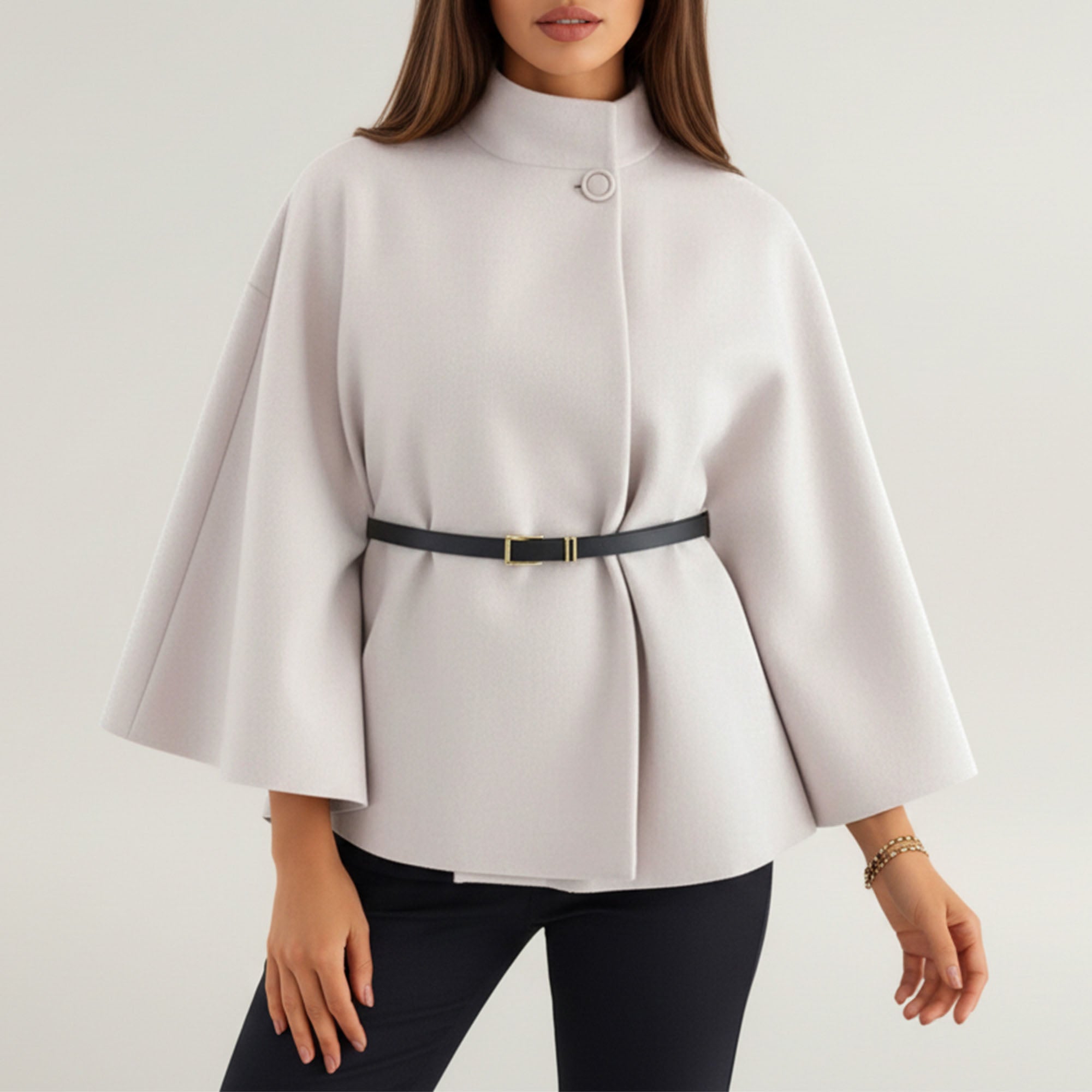 Anna-Kaci Womens Structured Cape Style Top with High Neck and Waist Belt