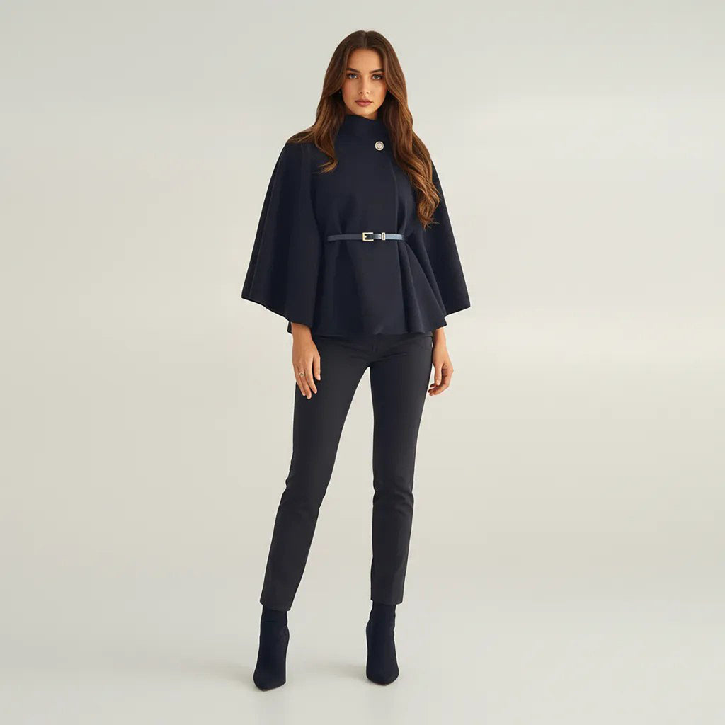 Anna-Kaci Womens Structured Cape Style Top with High Neck and Waist Belt