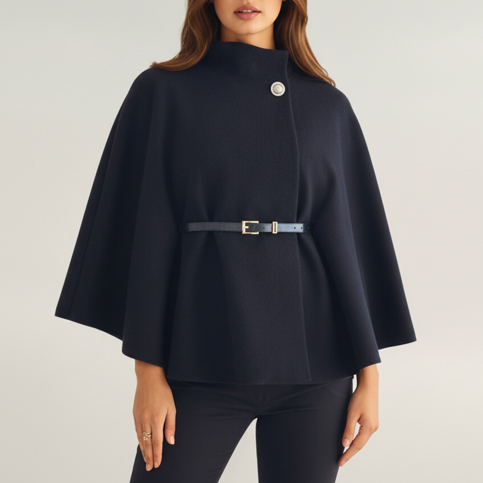 Anna-Kaci Womens Structured Cape Style Top with High Neck and Waist Belt