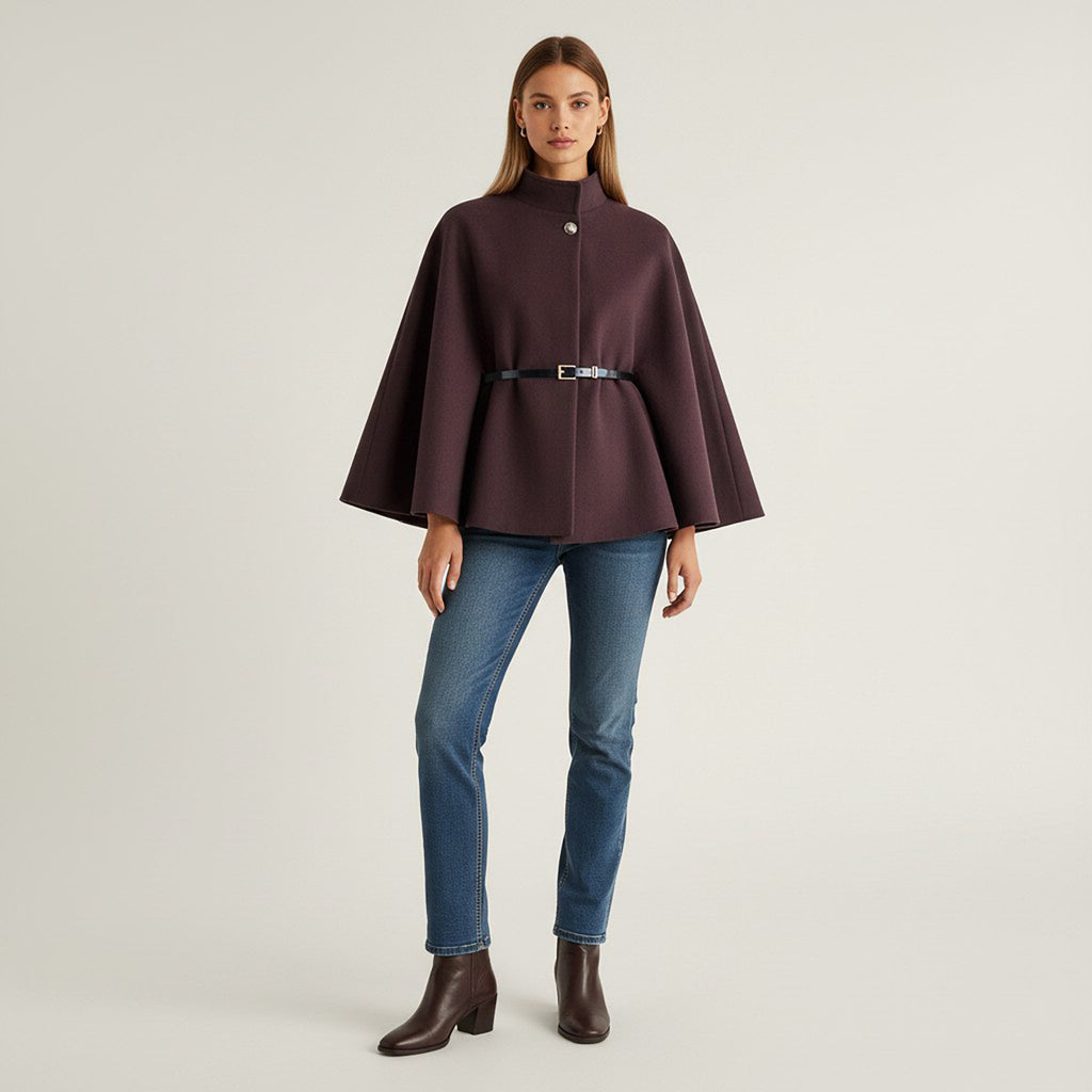 Anna-Kaci Womens Structured Cape Style Top with High Neck and Waist Belt