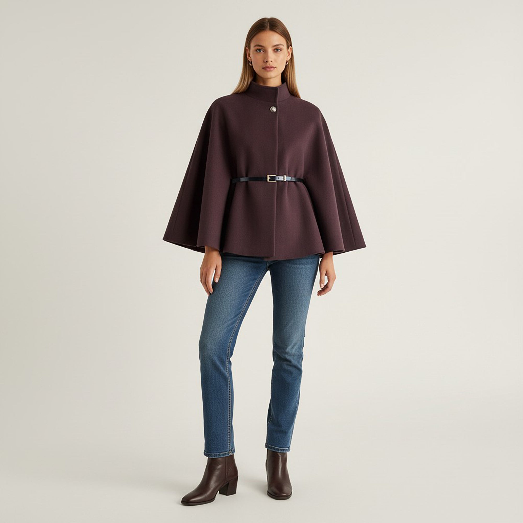 Anna-Kaci Womens Structured Cape Style Top with High Neck and Waist Belt