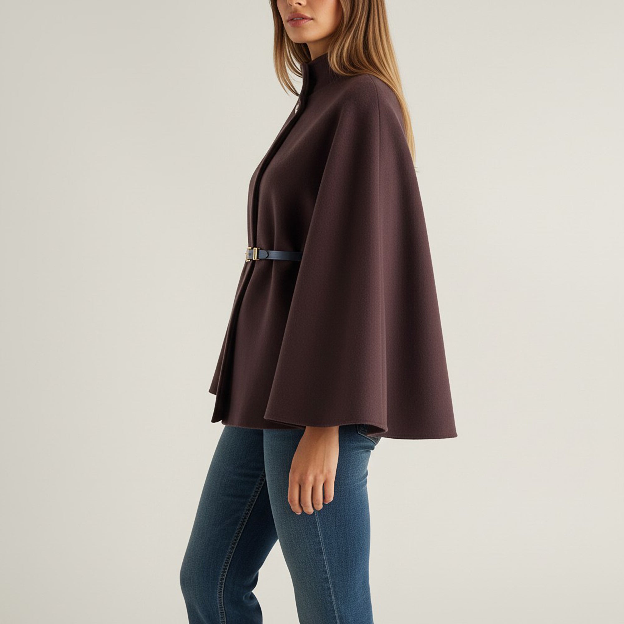 Anna-Kaci Womens Structured Cape Style Top with High Neck and Waist Belt