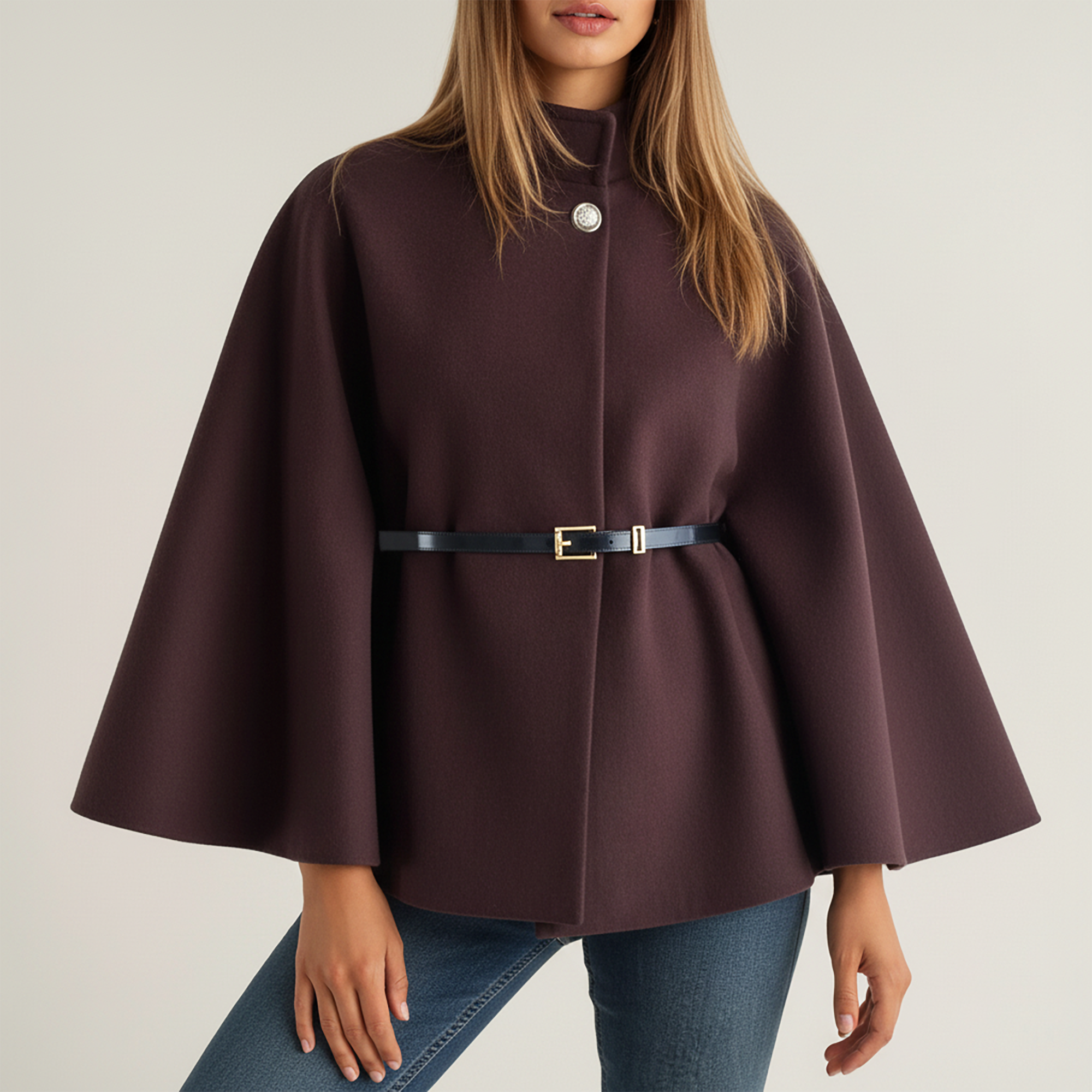 Anna-Kaci Womens Structured Cape Style Top with High Neck and Waist Belt