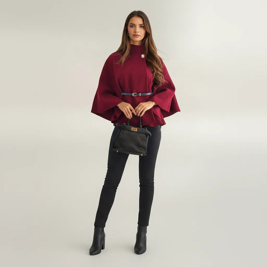 Anna-Kaci Womens Structured Cape Style Top with High Neck and Waist Belt
