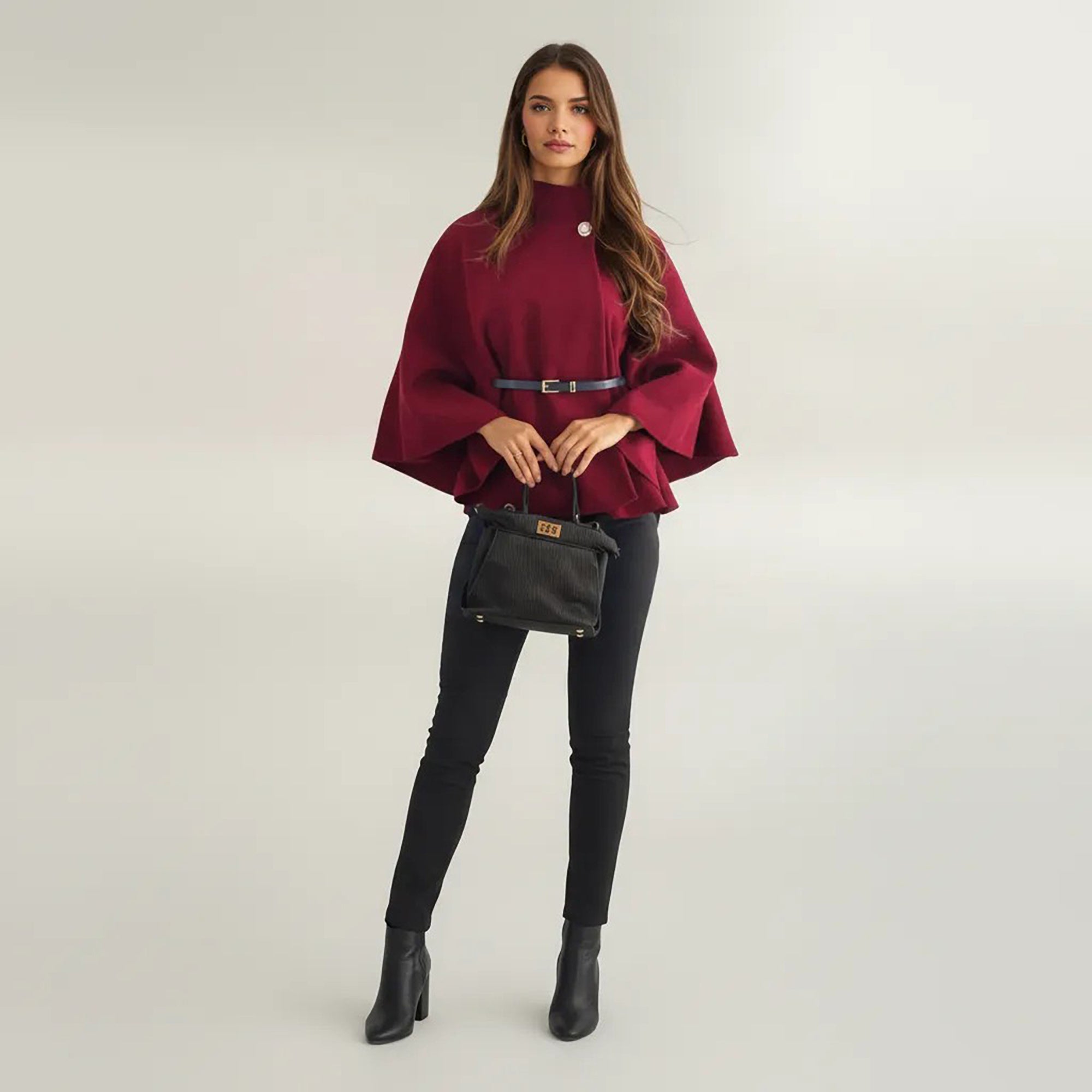 Anna-Kaci Womens Structured Cape Style Top with High Neck and Waist Belt