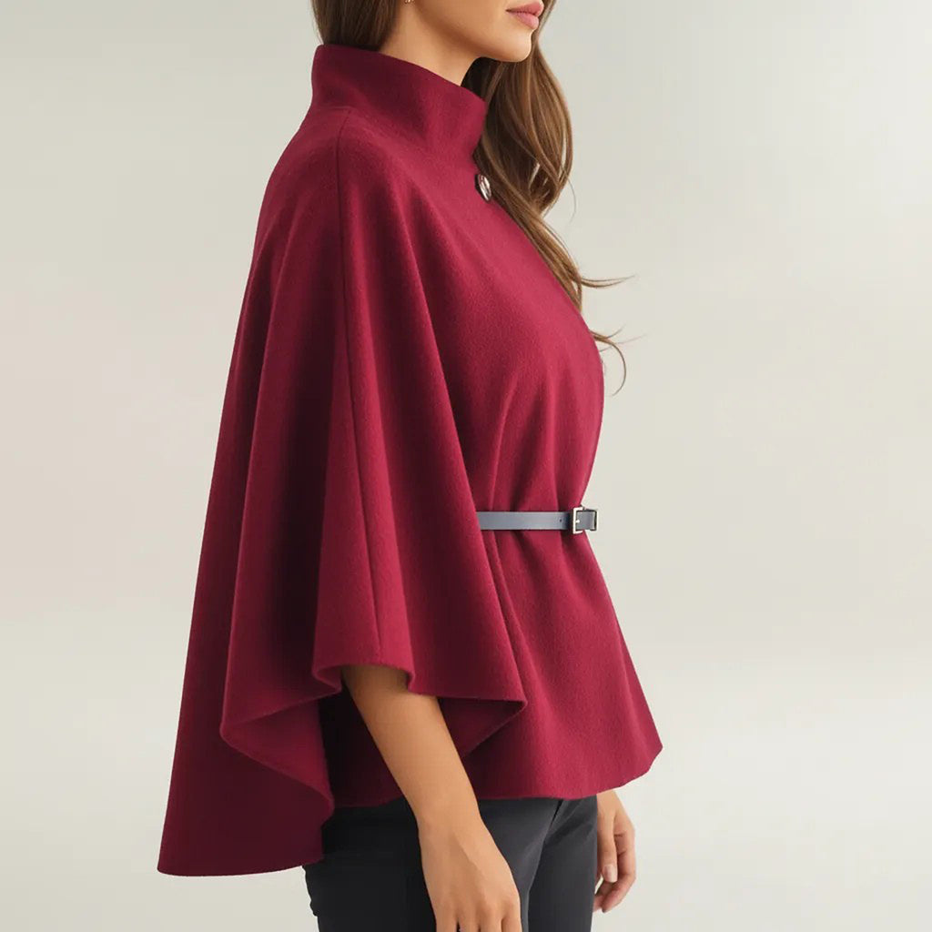 Anna-Kaci Womens Structured Cape Style Top with High Neck and Waist Belt