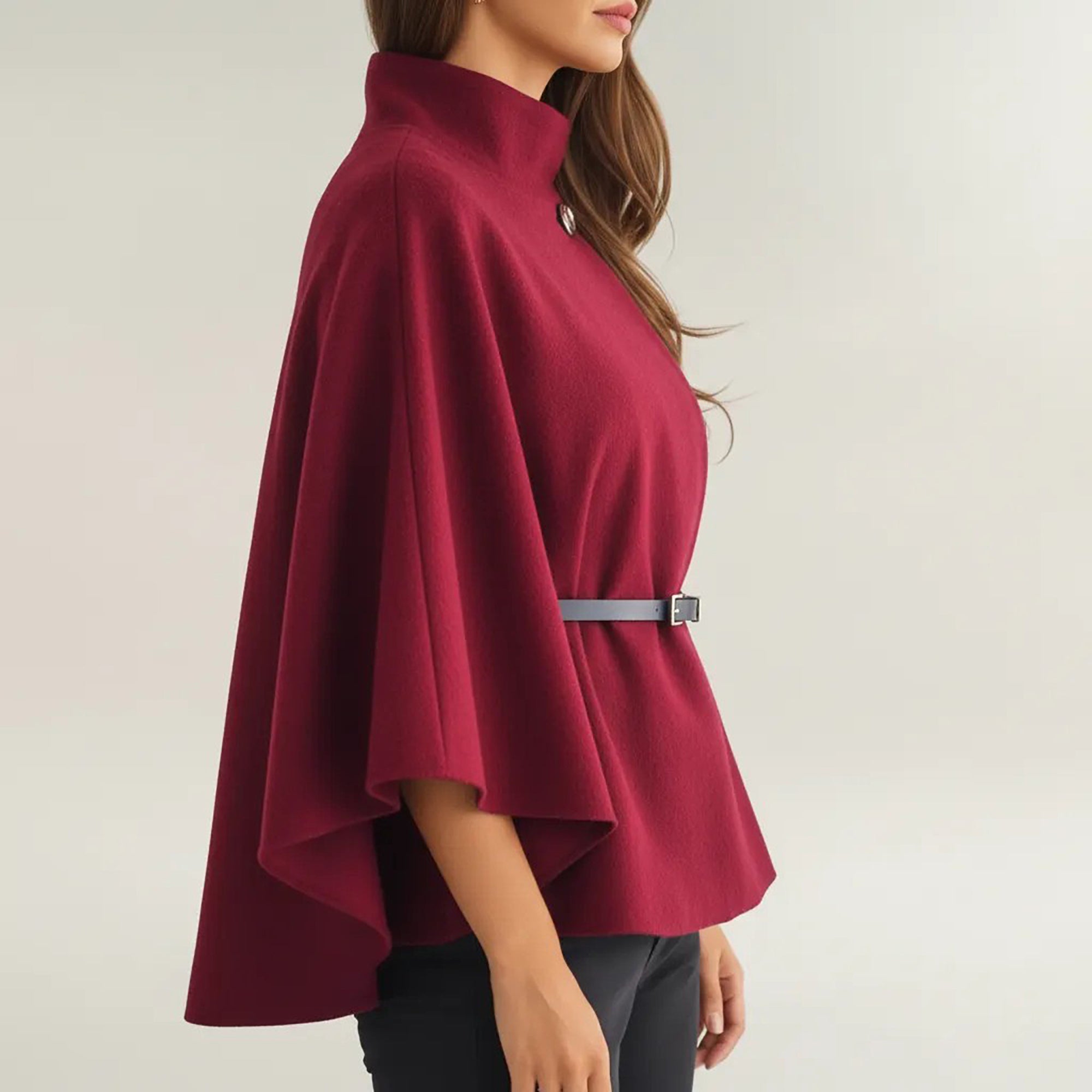 Anna-Kaci Womens Structured Cape Style Top with High Neck and Waist Belt