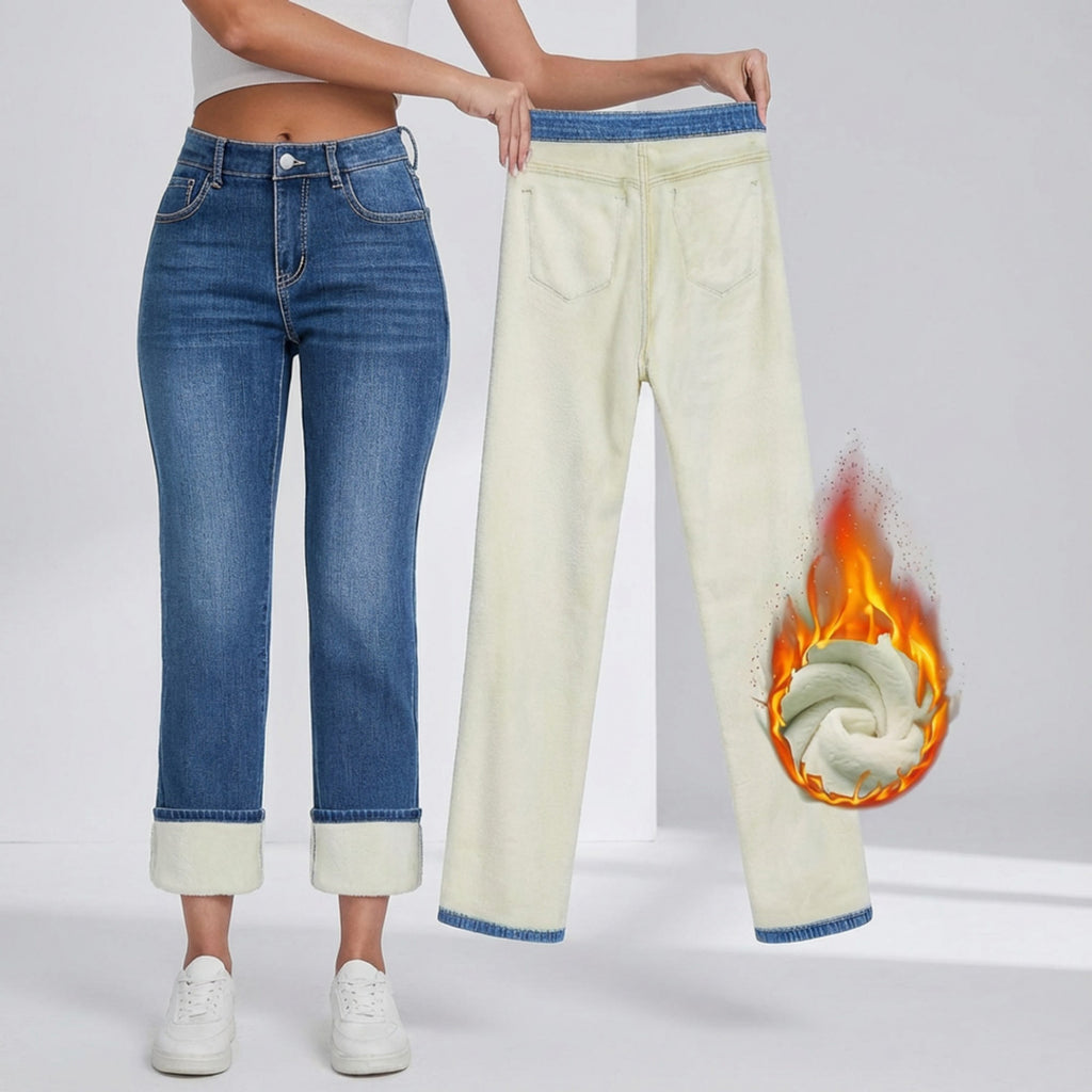 Anna-Kaci Women's Straight Leg Fleece Lined Denim Jeans with Mid Rise Fit and Soft Interior