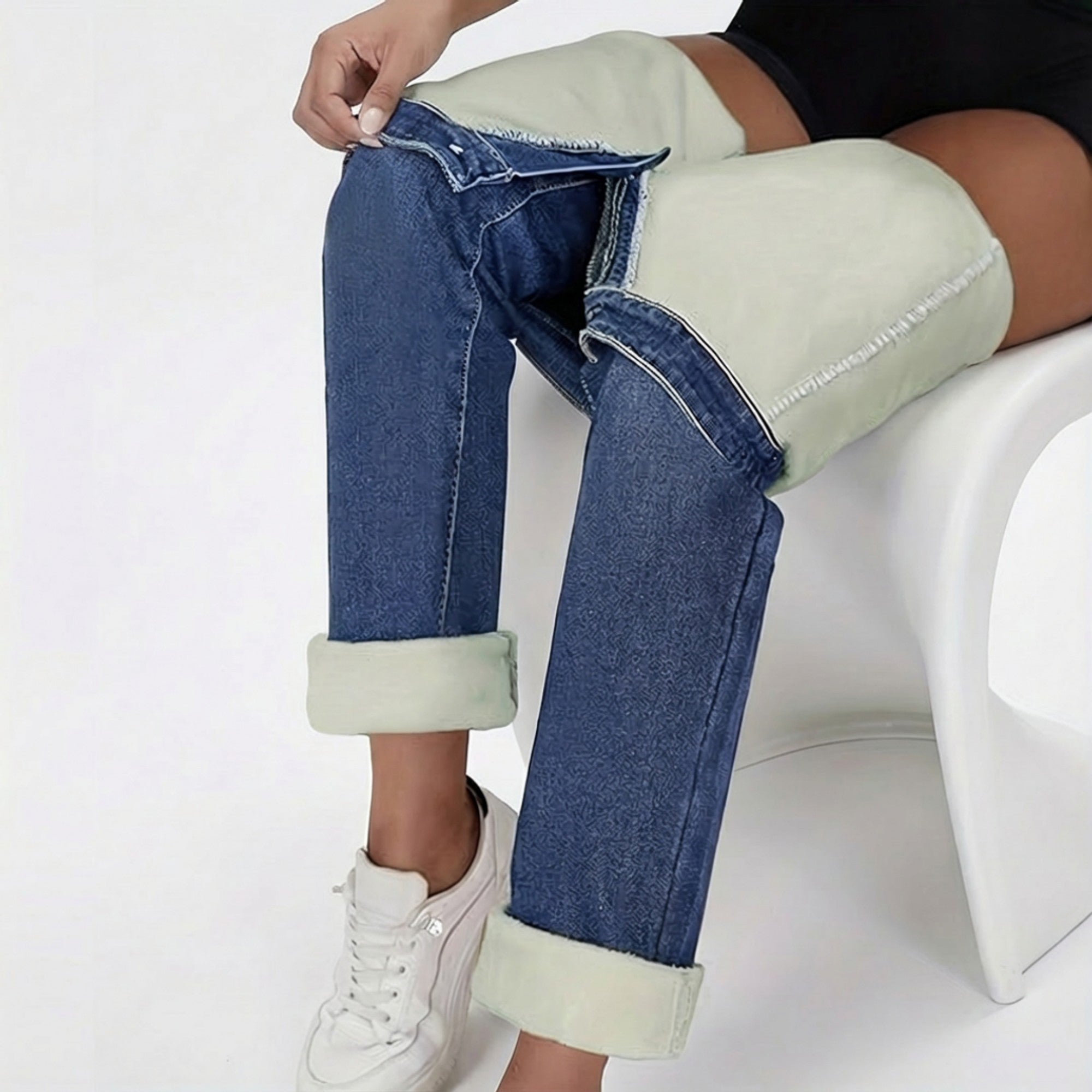 Anna-Kaci Women's Straight Leg Fleece Lined Denim Jeans with Mid Rise Fit and Soft Interior