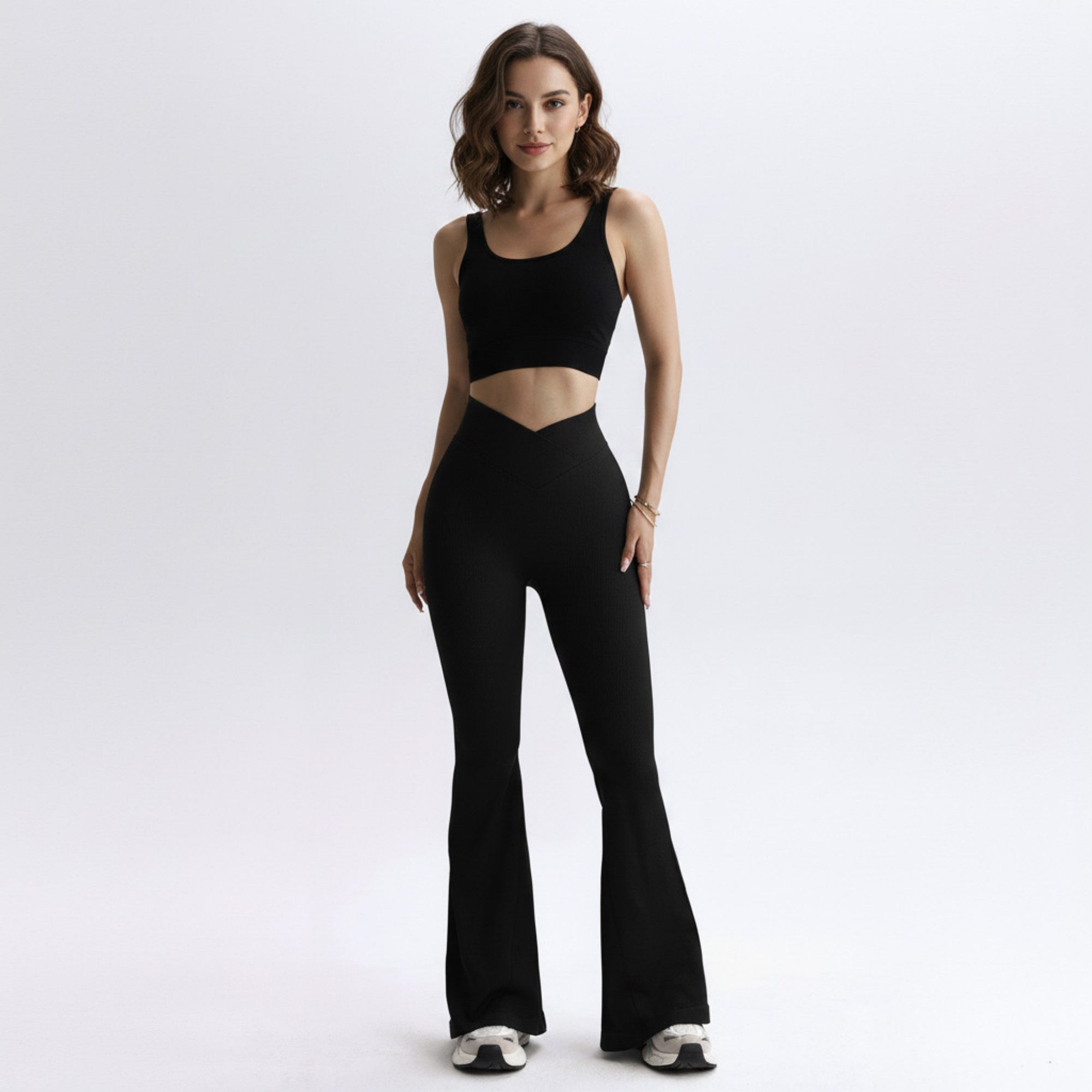 Anna-Kaci Active Women's High Waist Flare Leggings with V-Shaped Waistband and Stretch Rib Knit Fabric