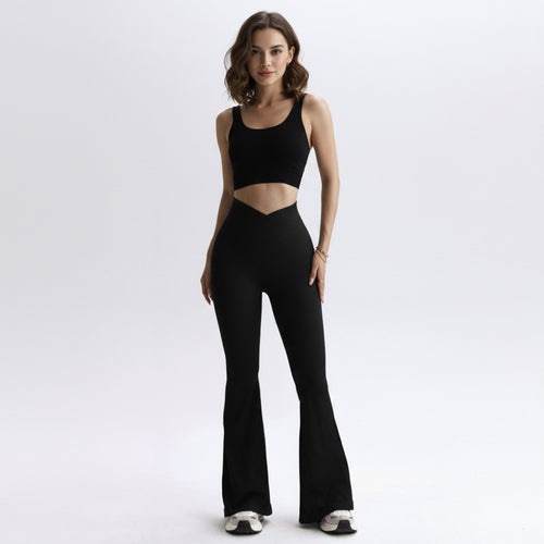 Anna-Kaci Active Women's High Waist Flare Leggings with V-Shaped Waistband and Stretch Rib Knit Fabric