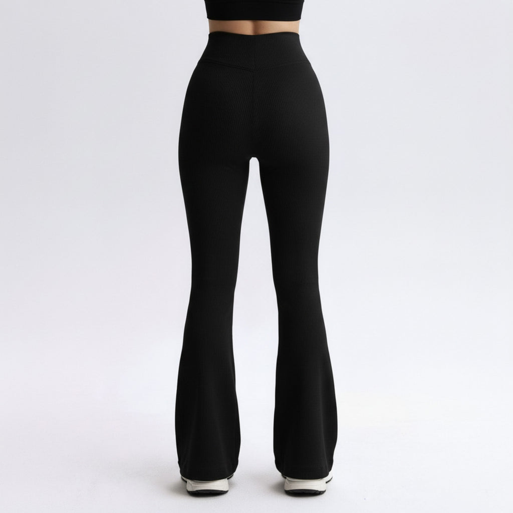 Anna-Kaci Active Women's High Waist Flare Leggings with V-Shaped Waistband and Stretch Rib Knit Fabric