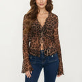 Anna-Kaci Women's Leopard Print Sheer Tie Front Top with Long Sleeves and Soft Lightweight Mesh Fabric