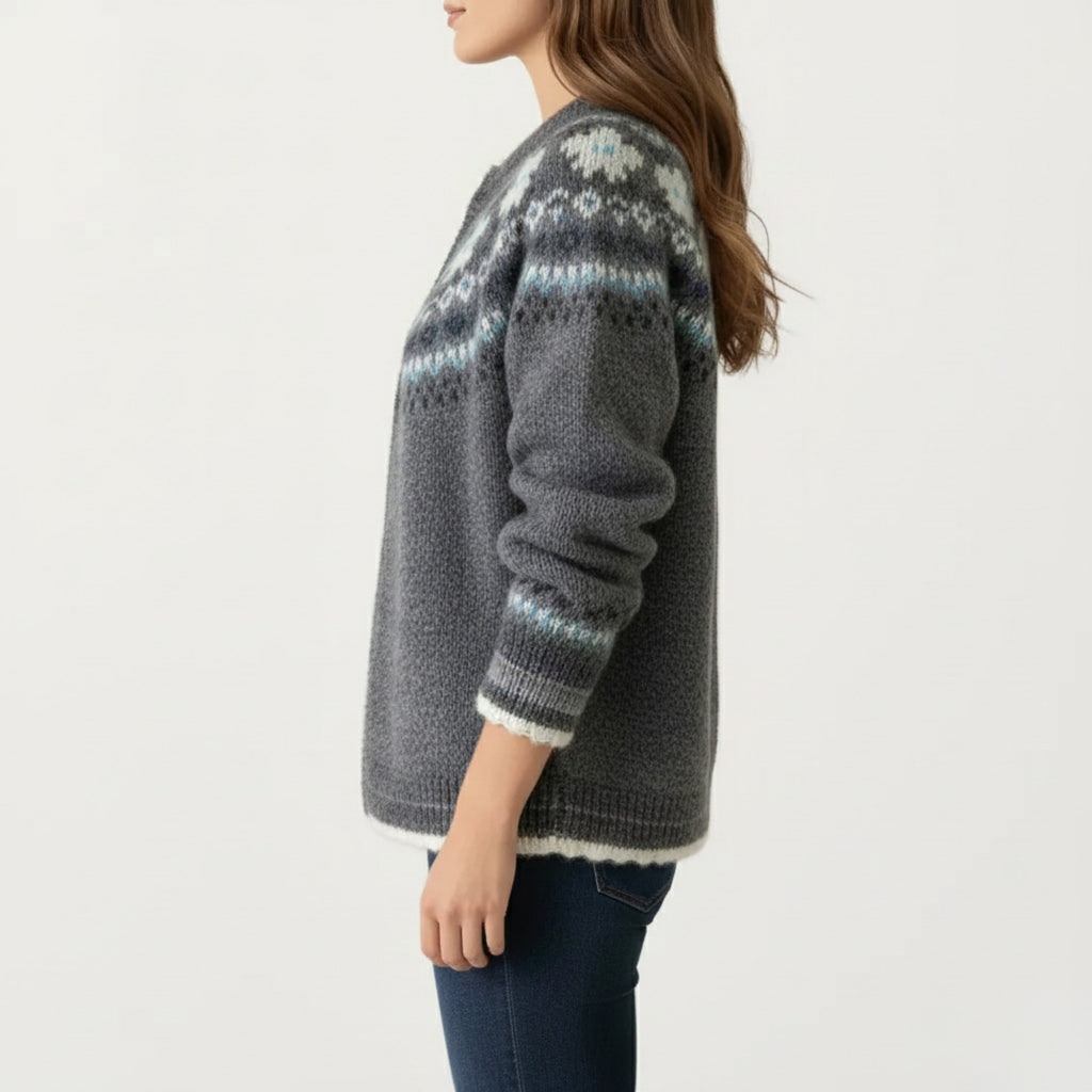 Anna-Kaci Women's Button Front Knit Cardigan with Crew Neckline and Nordic Inspired Pattern Detail