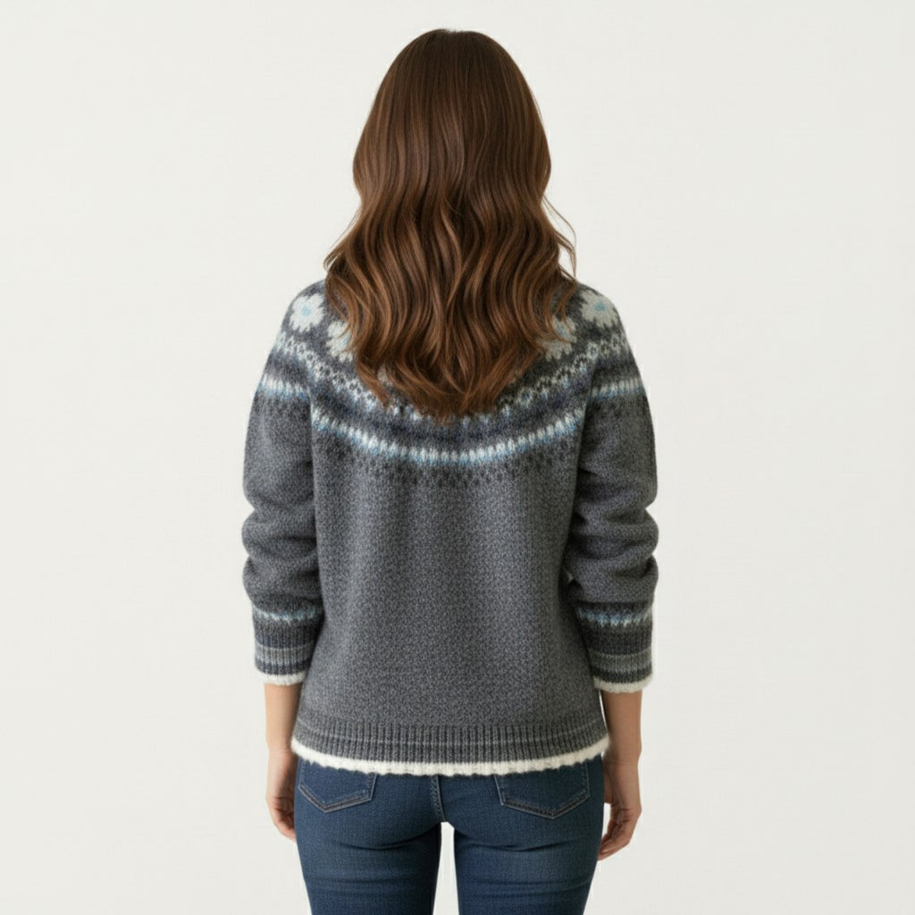 Anna-Kaci Women's Button Front Knit Cardigan with Crew Neckline and Nordic Inspired Pattern Detail