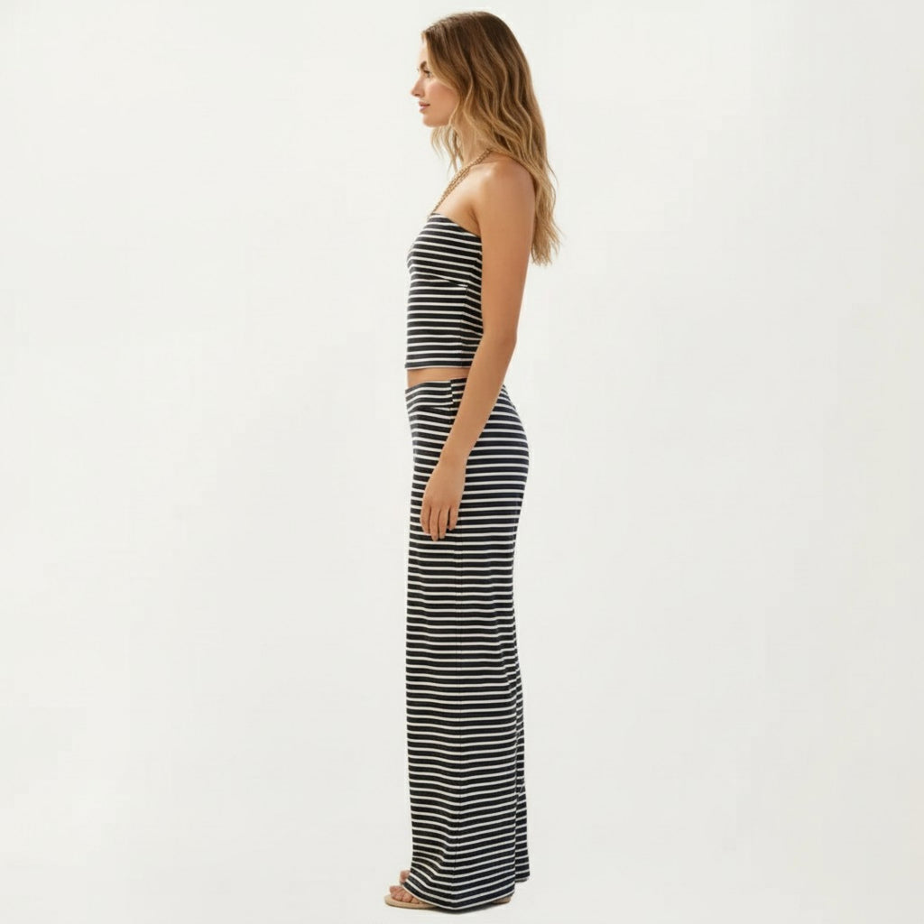 Anna-Kaci Women's 2-Piece Set Strapless Tube Top and Wide Leg Pants with Stretch Fit and Horizontal Stripe Pattern