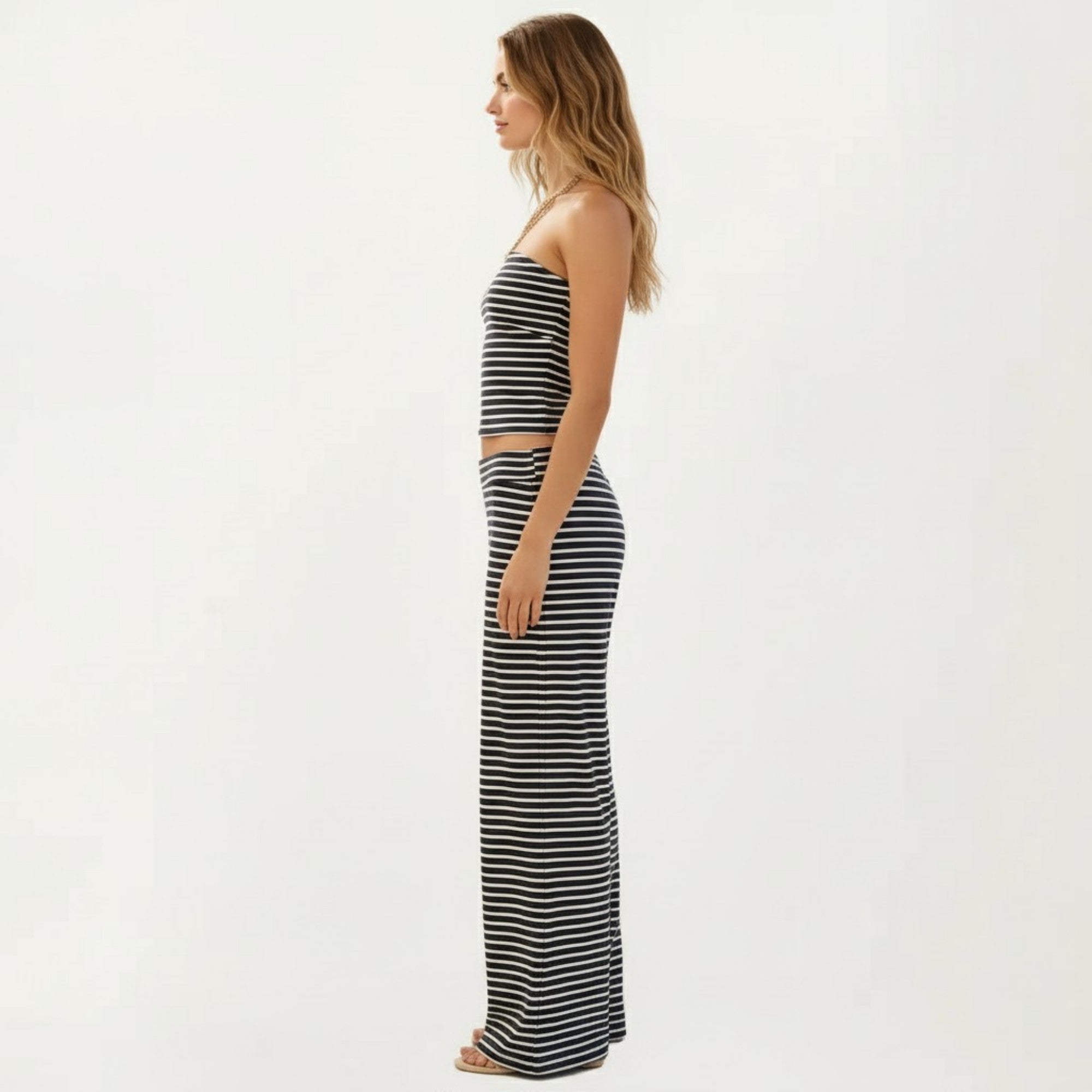 Anna-Kaci Women's 2-Piece Set Strapless Tube Top and Wide Leg Pants with Stretch Fit and Horizontal Stripe Pattern