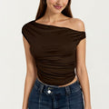Anna-Kaci Women's One Shoulder Ruched Top with Asymmetrical Neckline and Soft Stretch Fabric