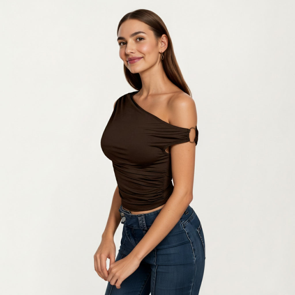 Anna-Kaci Women's One Shoulder Ruched Top with Asymmetrical Neckline and Soft Stretch Fabric