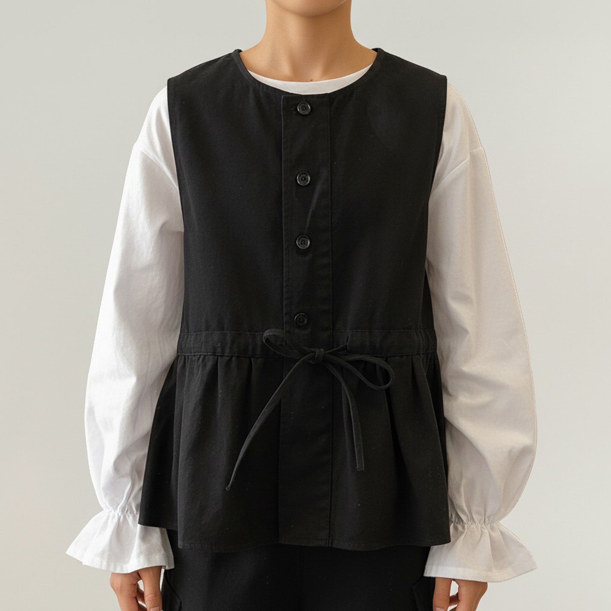 Anna-Kaci Sleeveless Button Front Vest with Adjustable Waist Tie