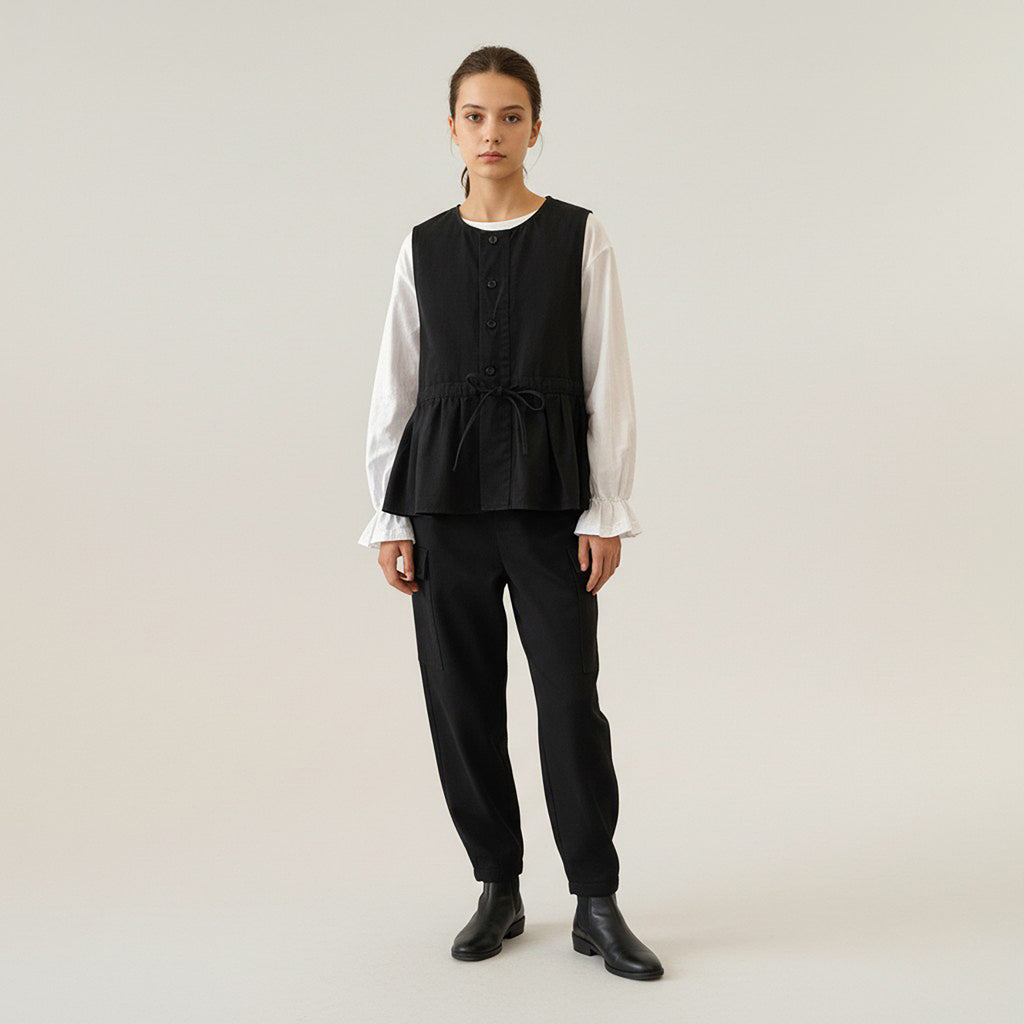 Anna-Kaci Sleeveless Button Front Vest with Adjustable Waist Tie