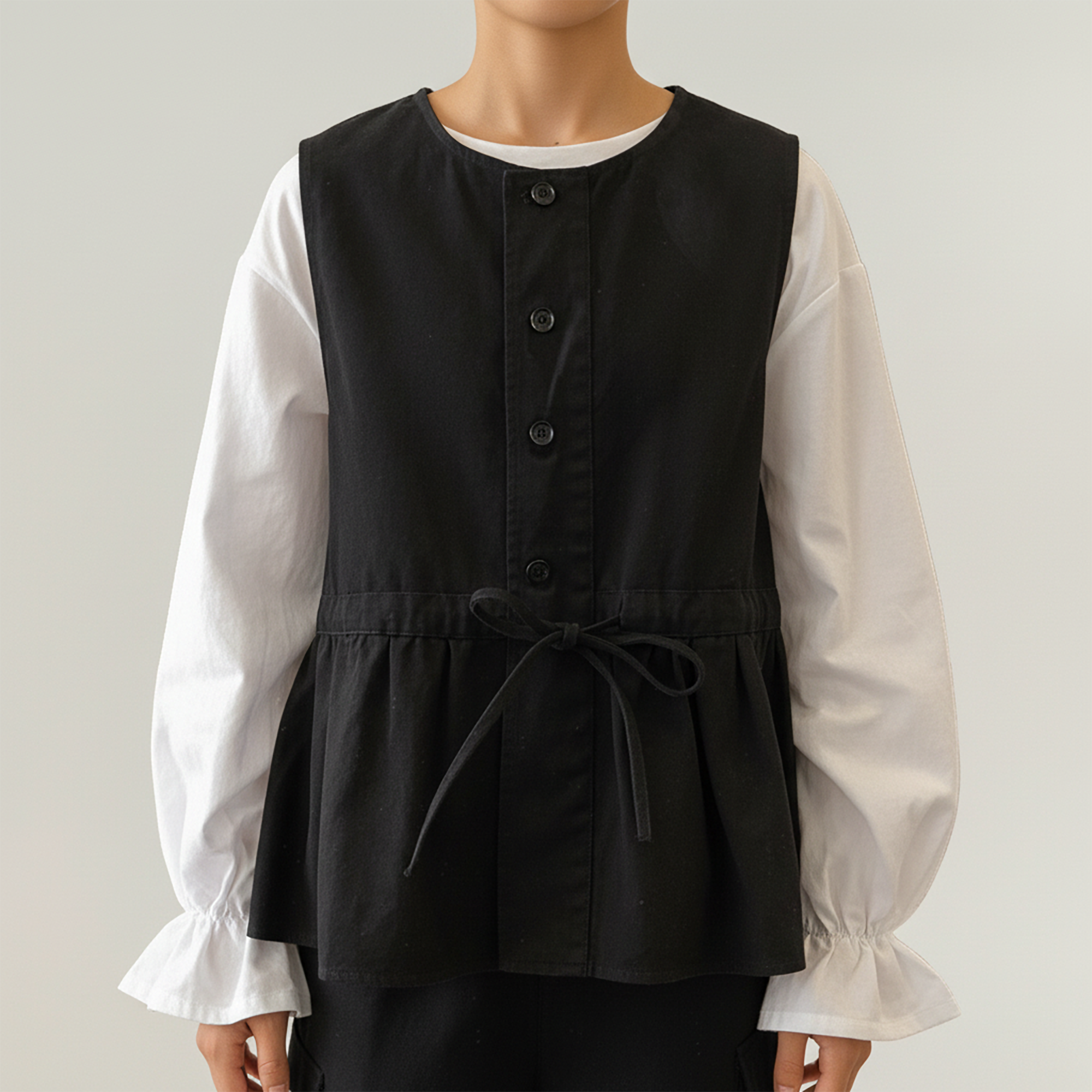 Anna-Kaci Sleeveless Button Front Vest with Adjustable Waist Tie