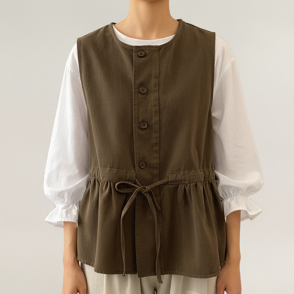 Anna-Kaci Sleeveless Button Front Vest with Adjustable Waist Tie