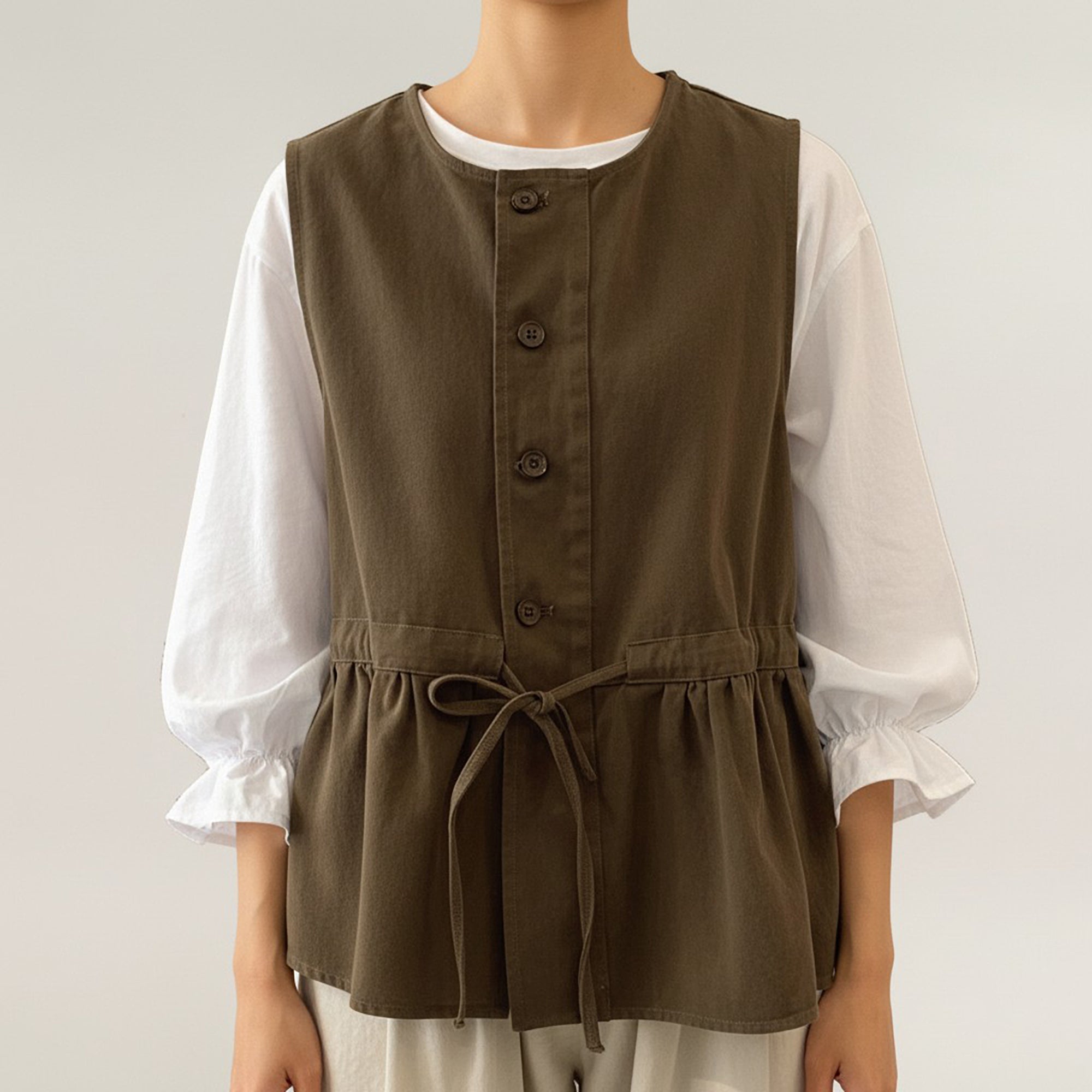 Anna-Kaci Sleeveless Button Front Vest with Adjustable Waist Tie