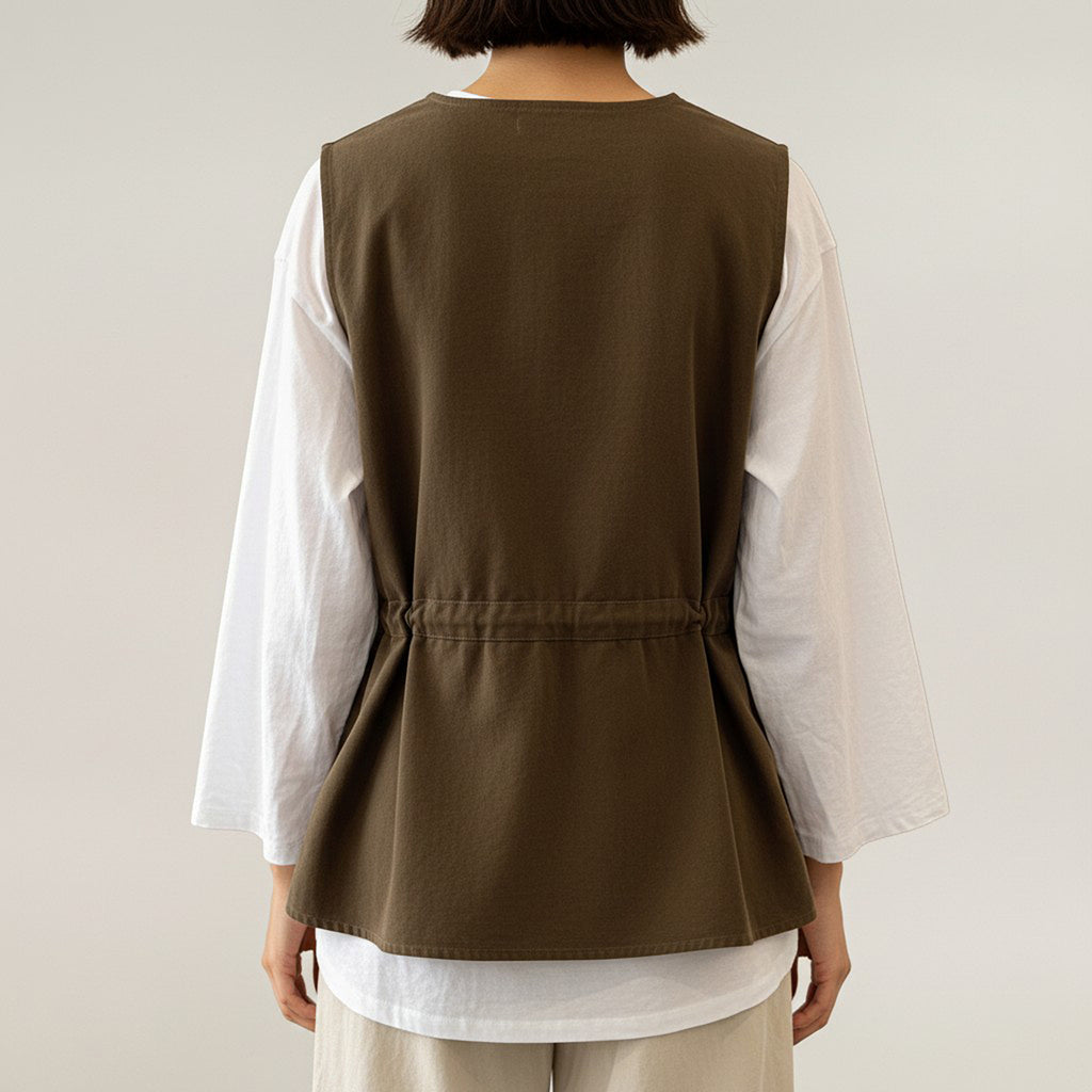 Anna-Kaci Sleeveless Button Front Vest with Adjustable Waist Tie
