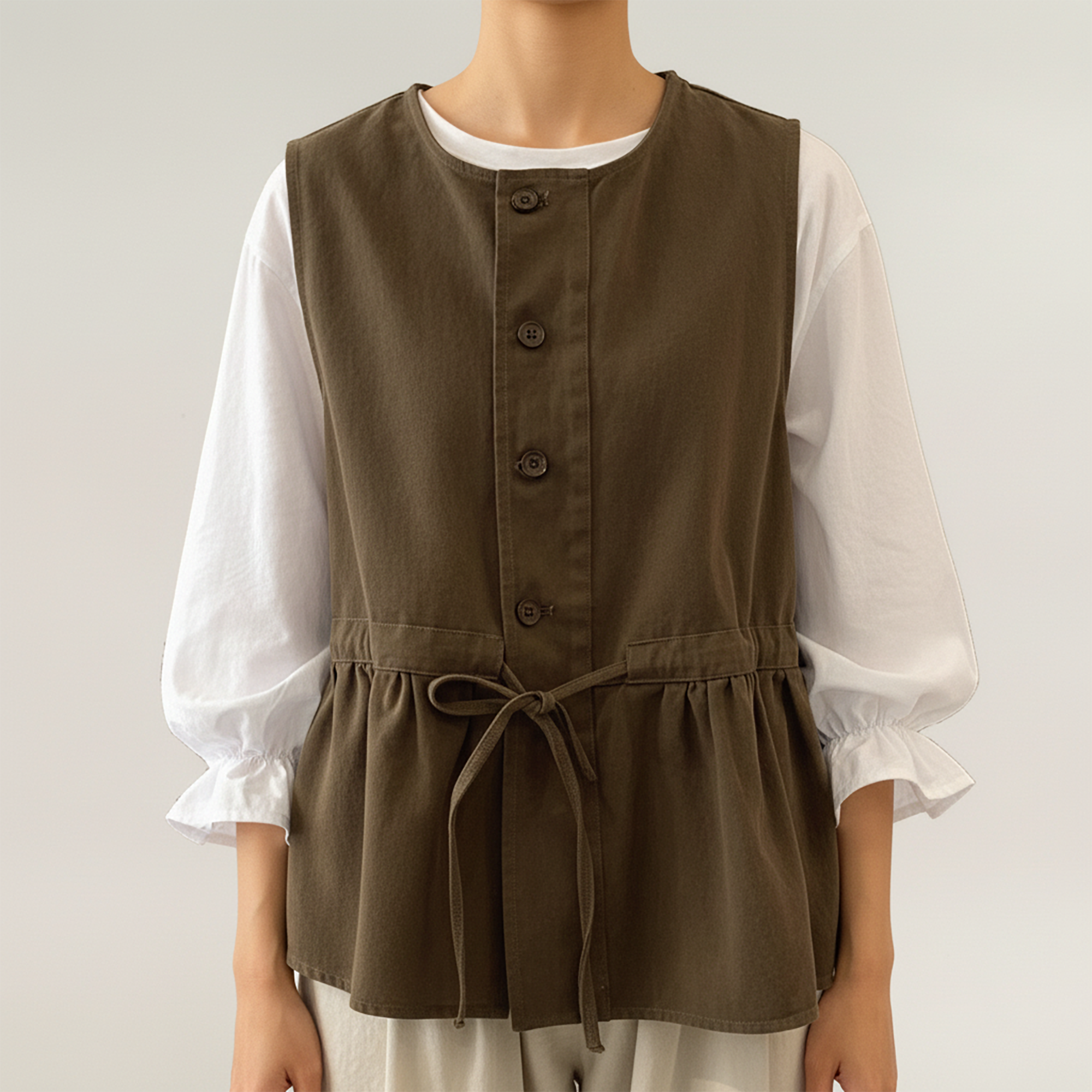 Anna-Kaci Sleeveless Button Front Vest with Adjustable Waist Tie