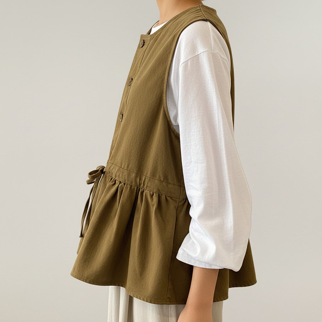 Anna-Kaci Sleeveless Button Front Vest with Adjustable Waist Tie