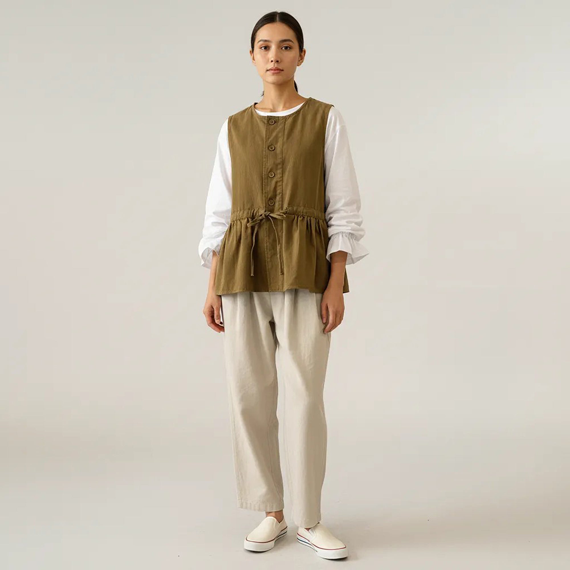 Anna-Kaci Sleeveless Button Front Vest with Adjustable Waist Tie