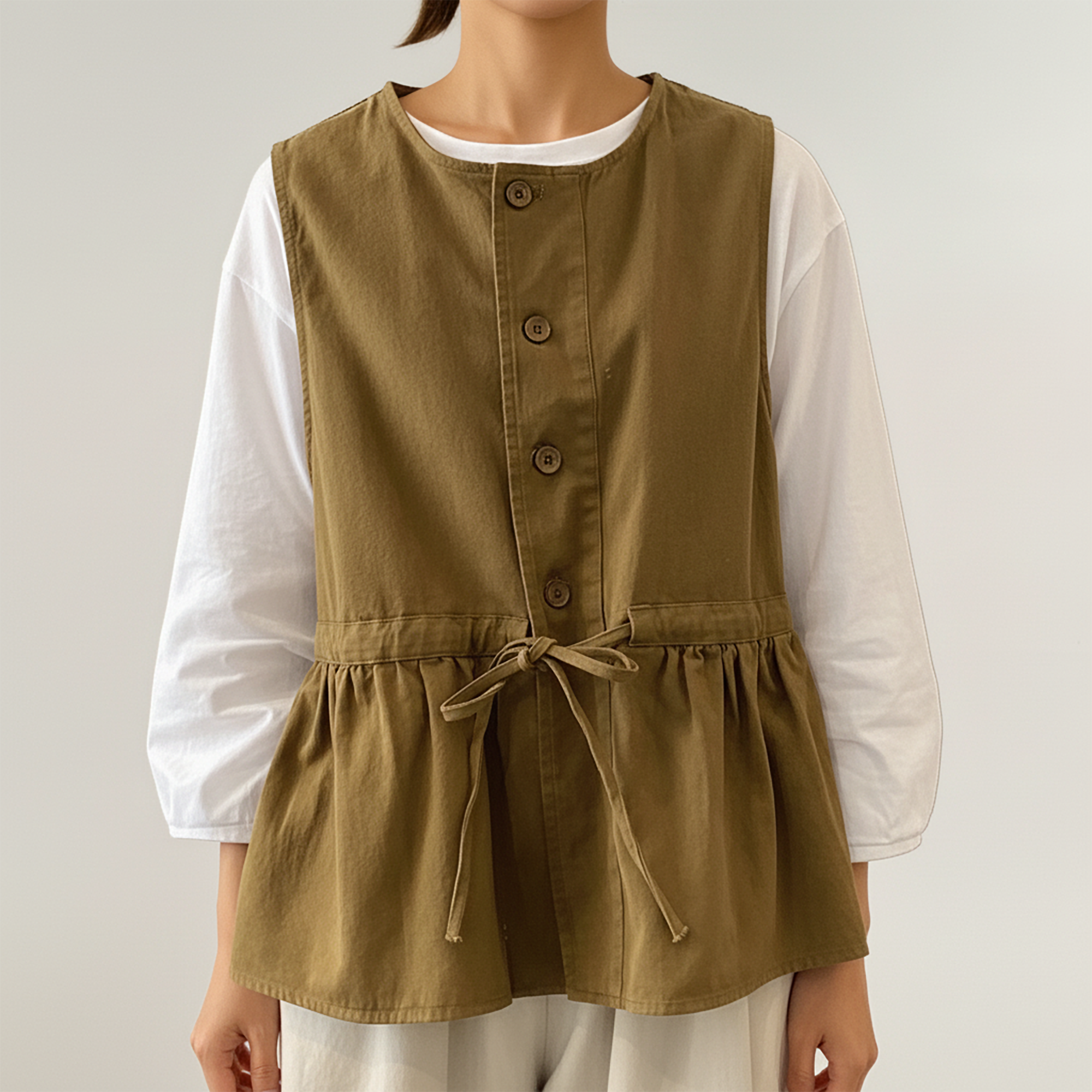 Anna-Kaci Sleeveless Button Front Vest with Adjustable Waist Tie