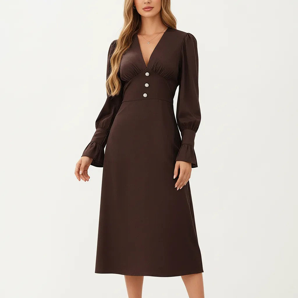 Anna-Kaci Long Sleeve V Neck Midi Dress with Button Detail and Flared Cuffs