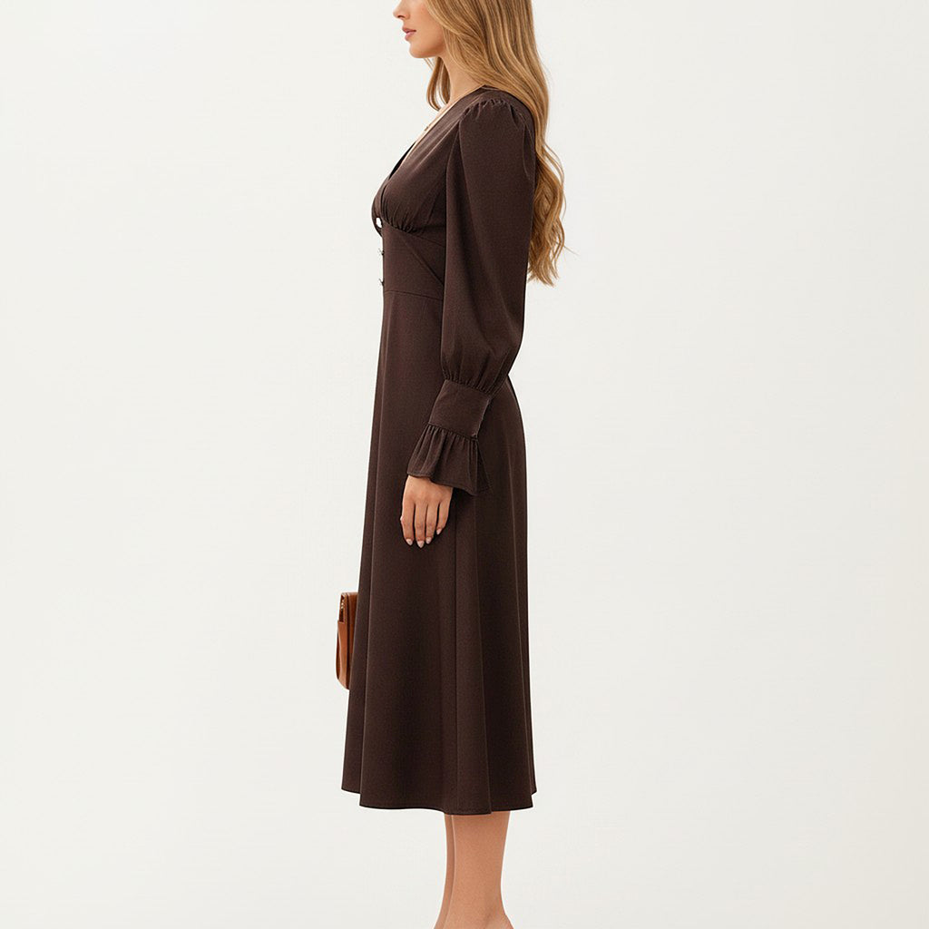 Anna-Kaci Long Sleeve V Neck Midi Dress with Button Detail and Flared Cuffs