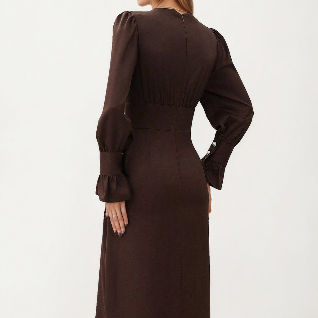 Anna-Kaci Long Sleeve V Neck Midi Dress with Button Detail and Flared Cuffs