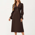 Anna-Kaci Long Sleeve V Neck Midi Dress with Button Detail and Flared Cuffs