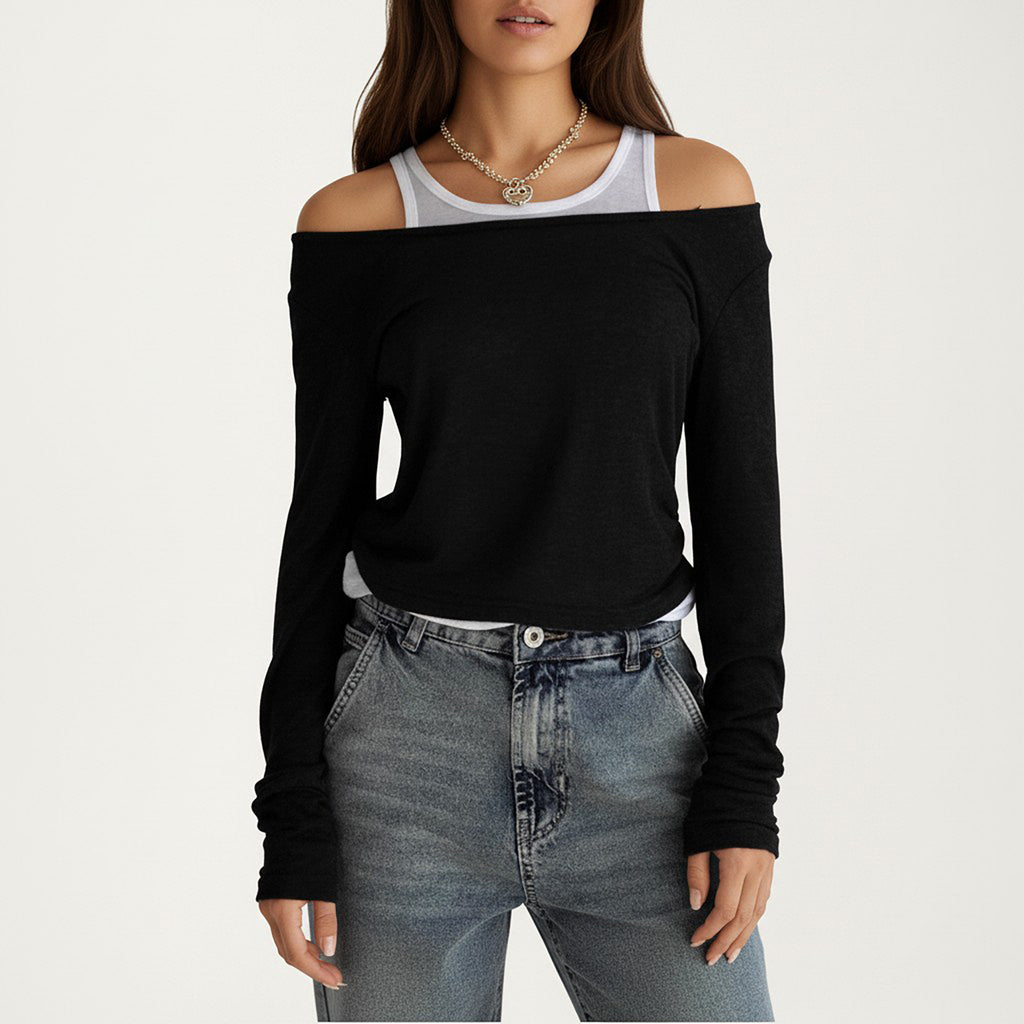 Anna-Kaci Off Shoulder Long Sleeve Layered Knit Top with Relaxed Fit