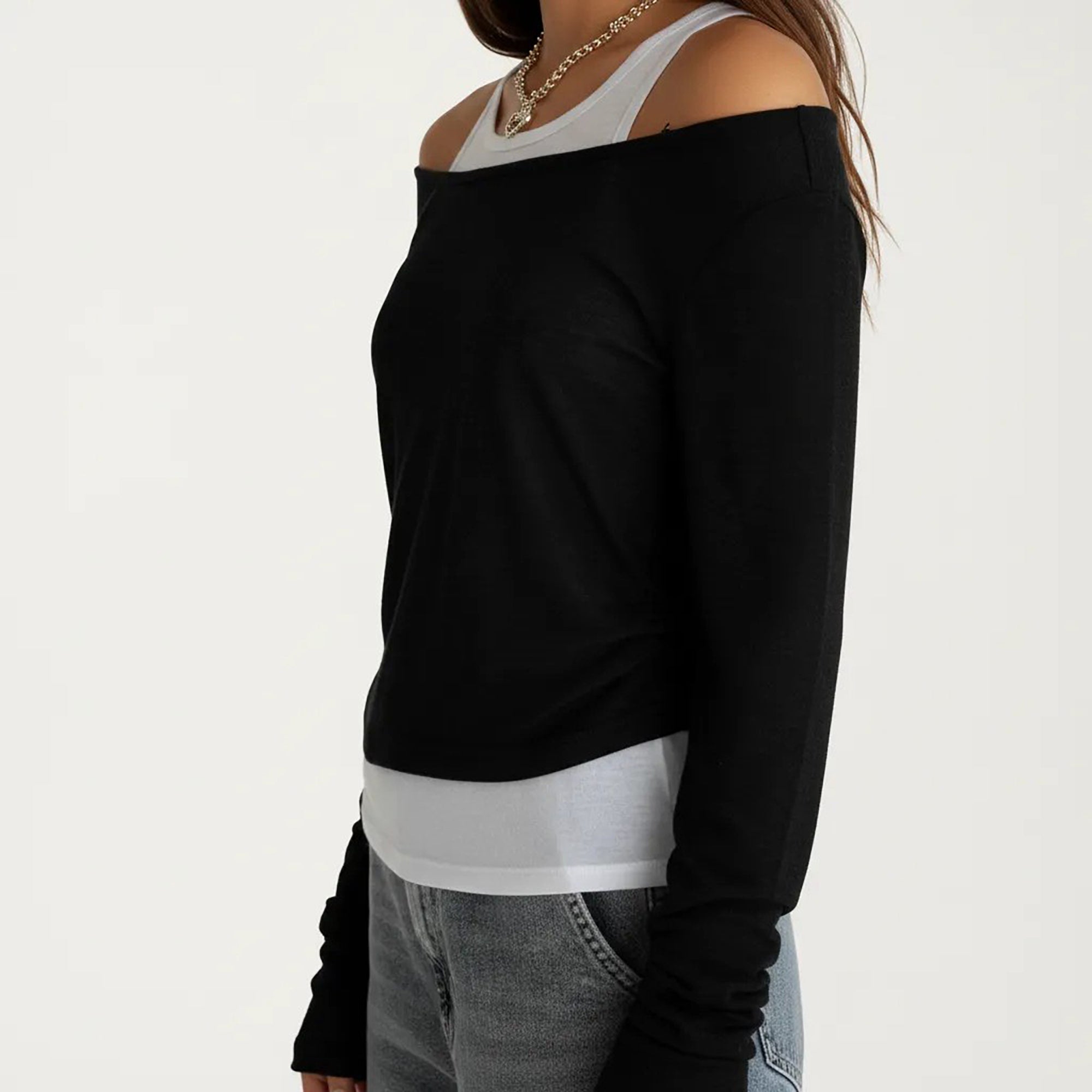 Anna-Kaci Off Shoulder Long Sleeve Layered Knit Top with Relaxed Fit