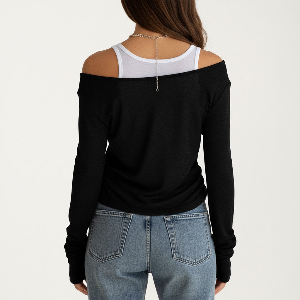 Anna-Kaci Off Shoulder Long Sleeve Layered Knit Top with Relaxed Fit