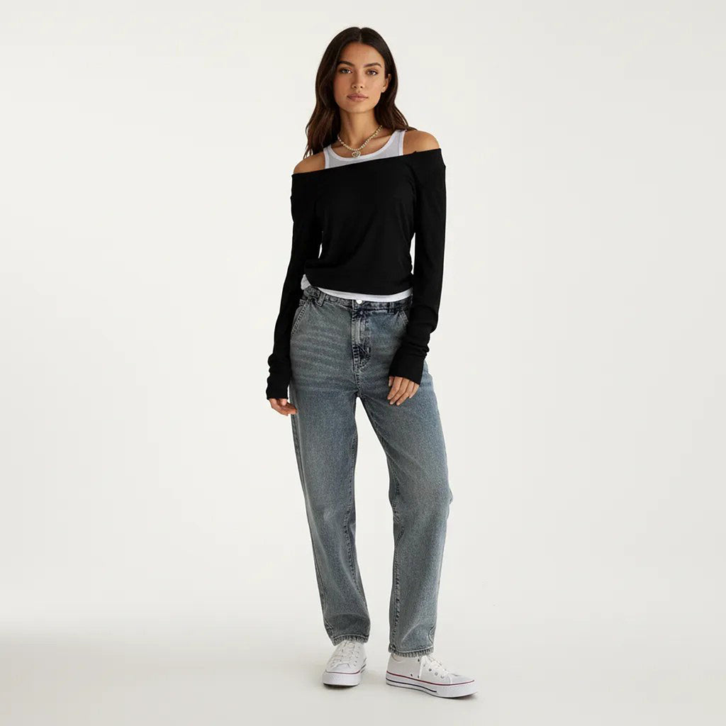 Anna-Kaci Off Shoulder Long Sleeve Layered Knit Top with Relaxed Fit