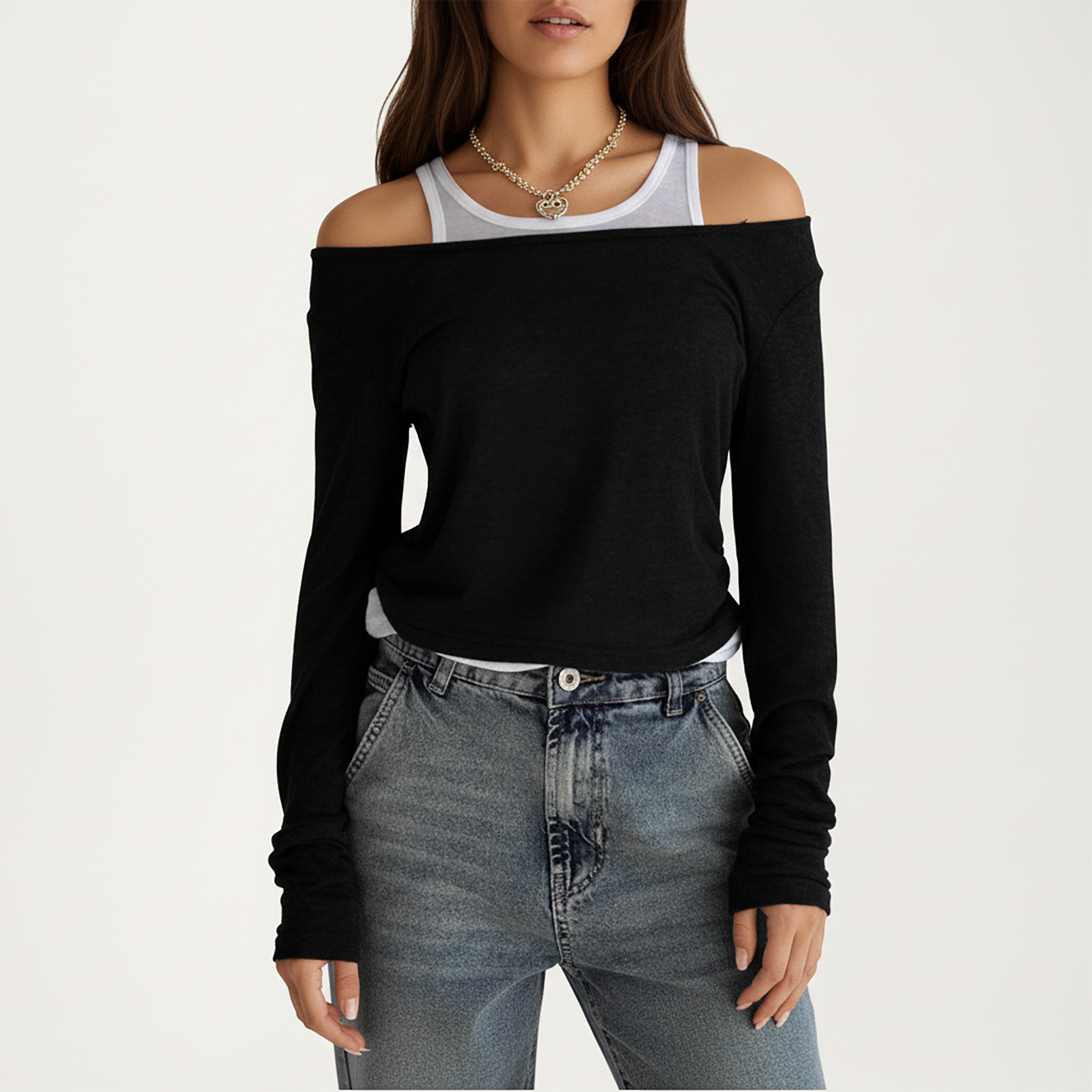 Anna-Kaci Off Shoulder Long Sleeve Layered Knit Top with Relaxed Fit