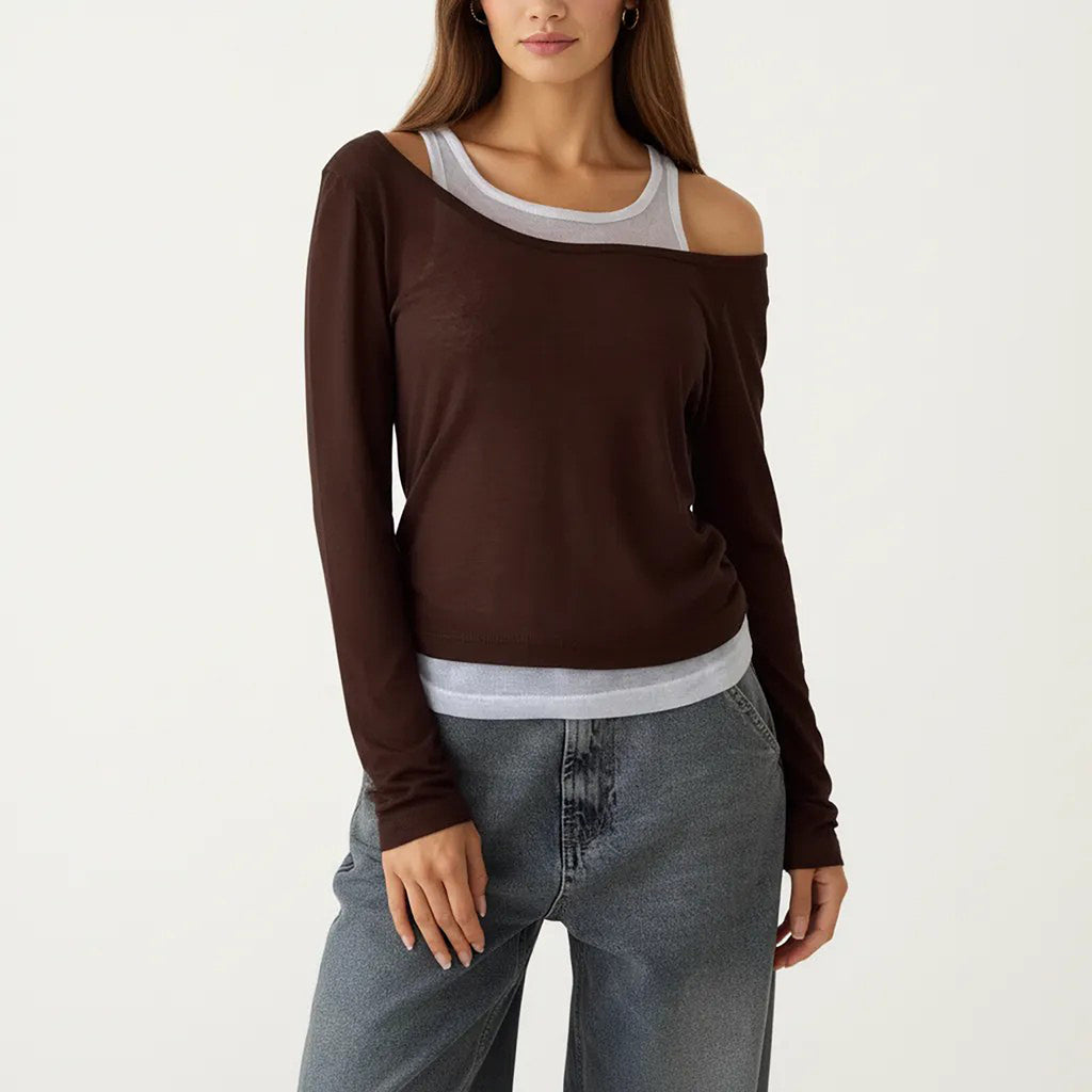 Anna-Kaci Off Shoulder Long Sleeve Layered Knit Top with Relaxed Fit