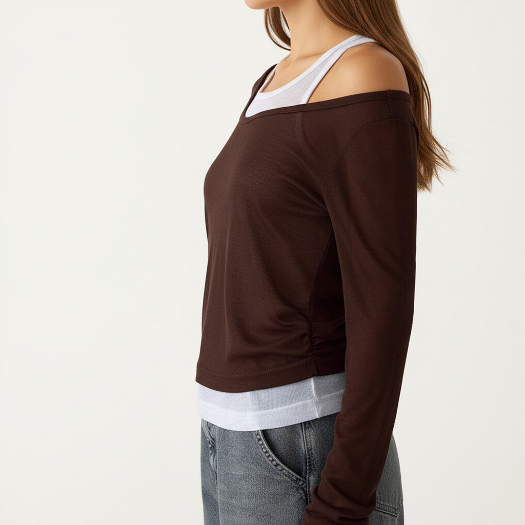 Anna-Kaci Off Shoulder Long Sleeve Layered Knit Top with Relaxed Fit